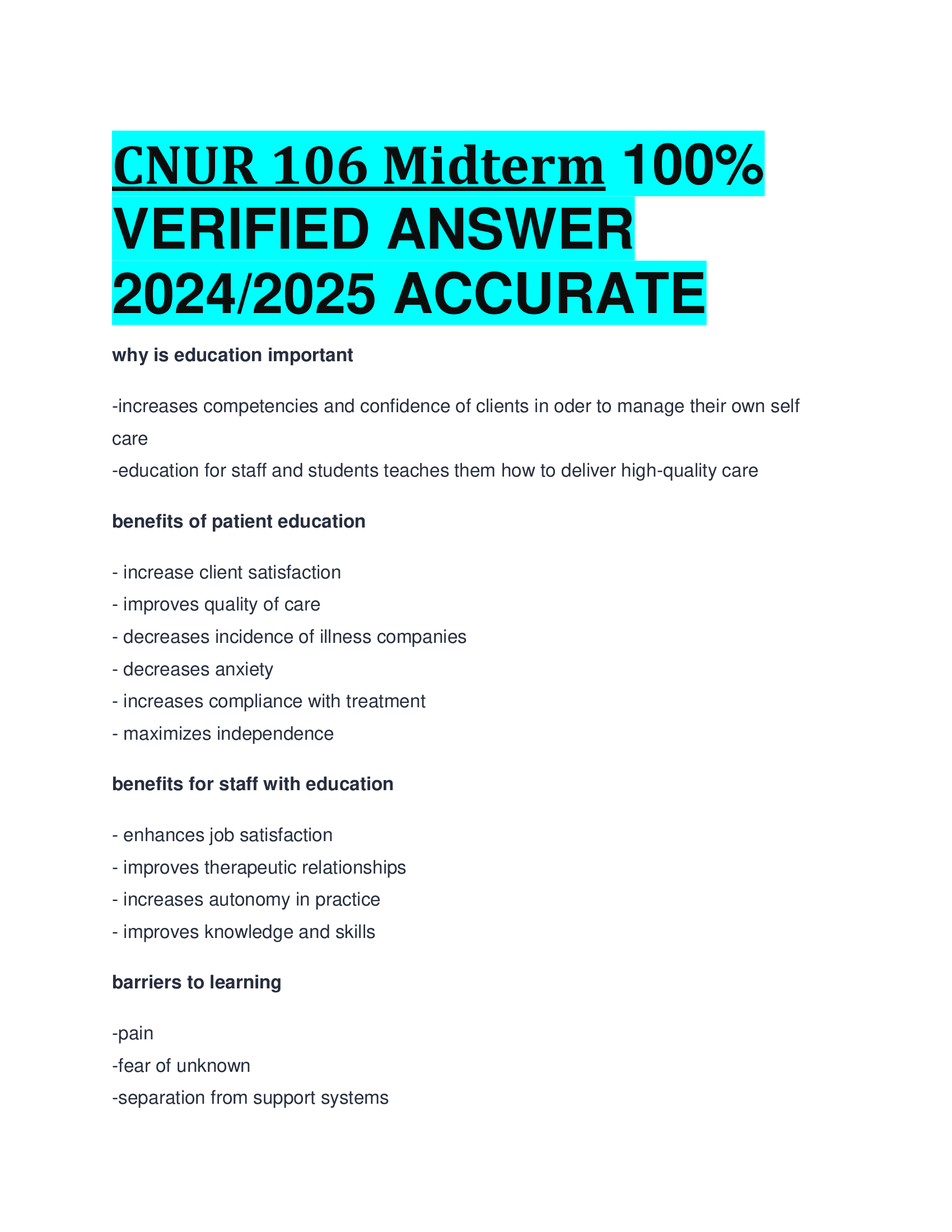 CNUR 106 Midterm VERIFIED ANSWER  20242026 ACCURATE