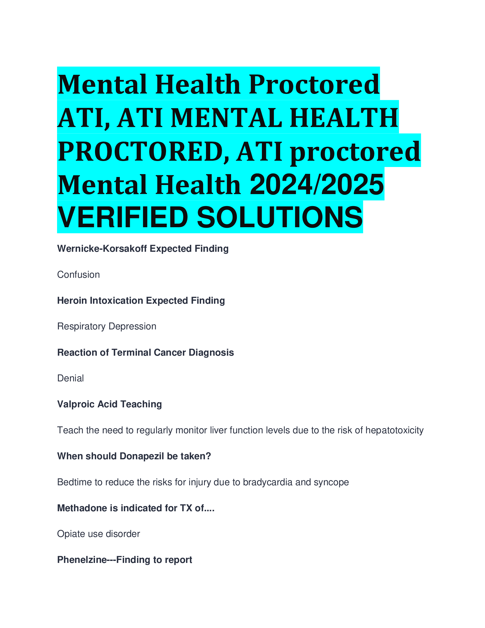 Mental Health Proctored ATI, ATI MENTAL HEALTH PROCTORED, ATI proctored Mental Health 20242026  VERIFIED SOLUTIONS