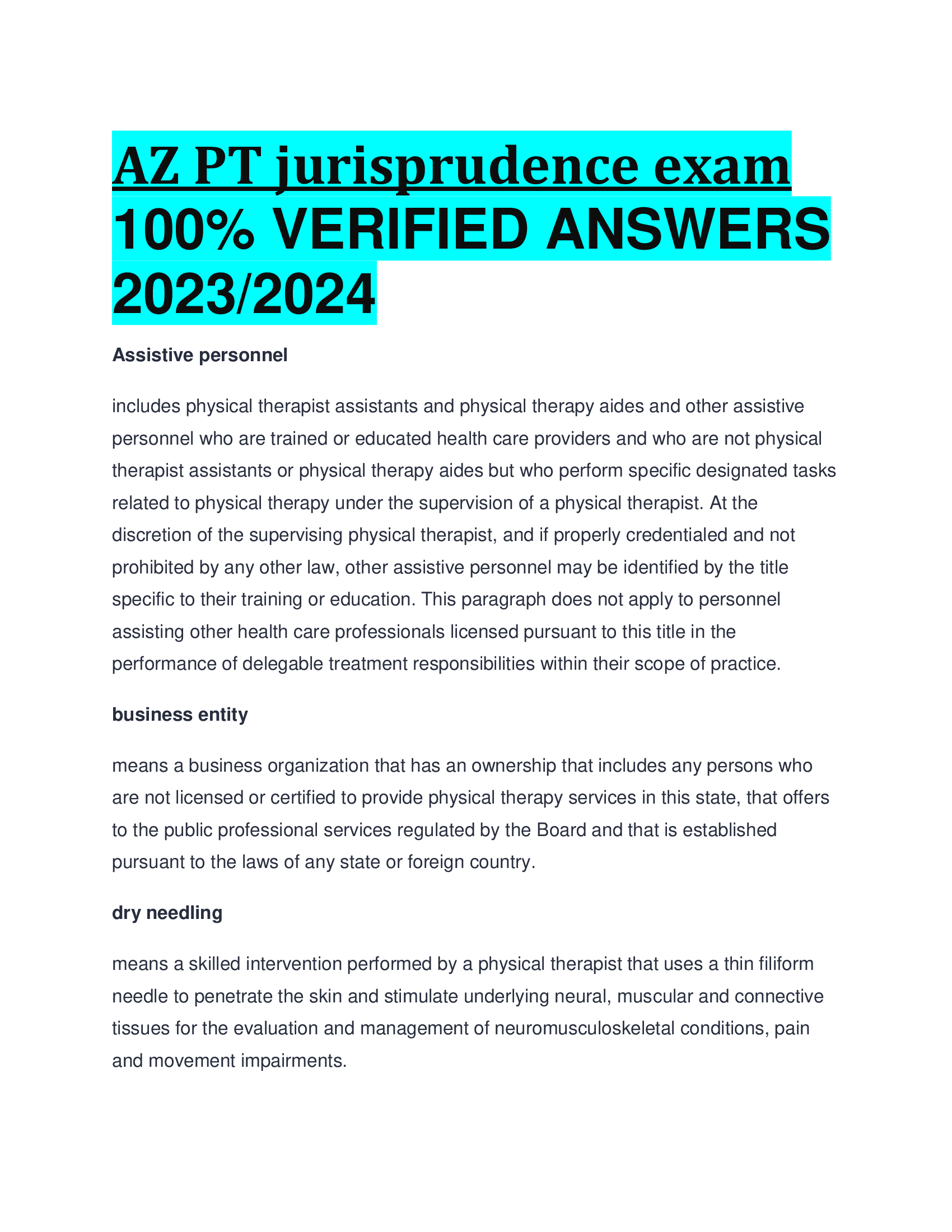 AZ PT jurisprudence exam  VERIFIED ANSWERS  2023,2024