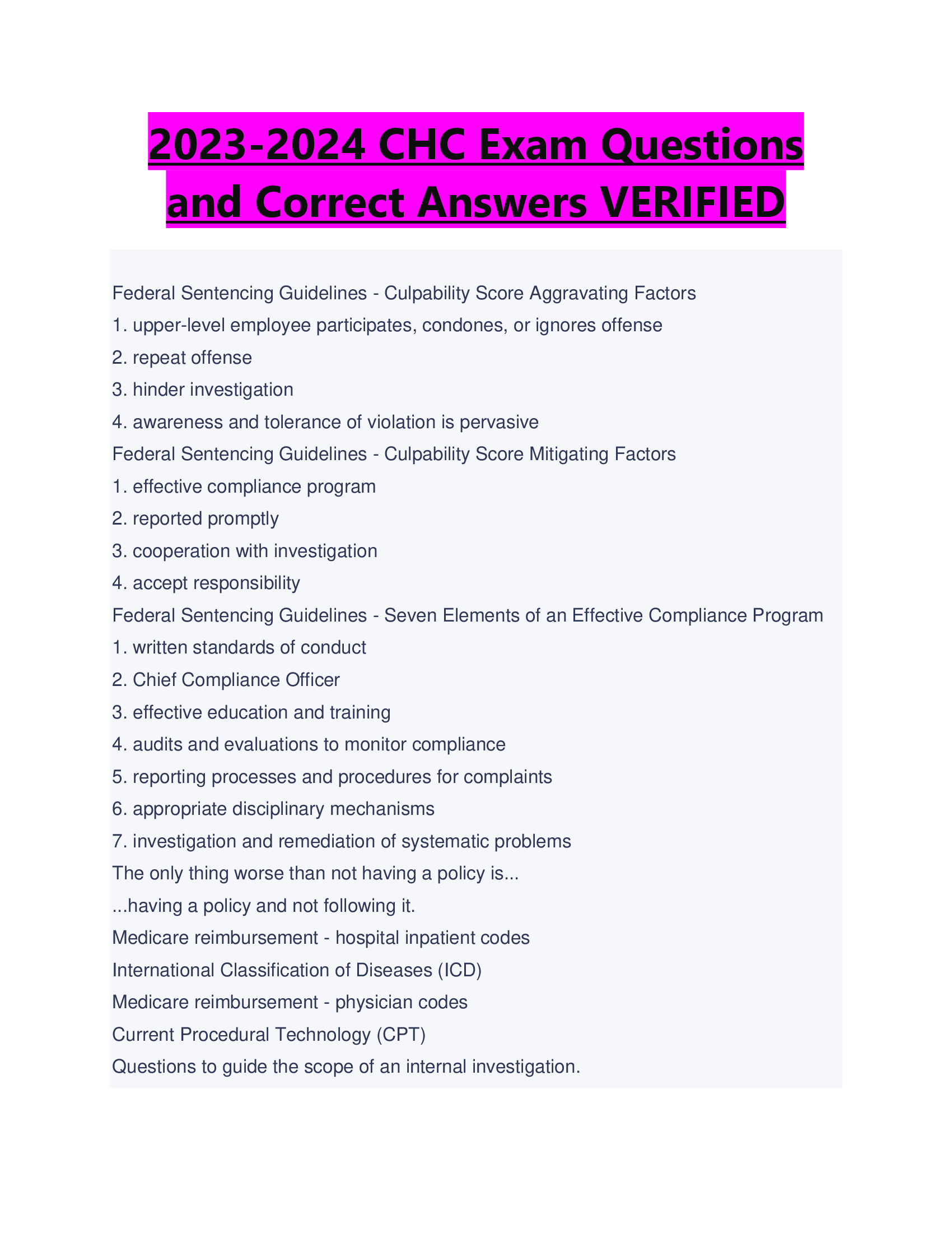 2023-2024 CHC Exam Questions  and Correct Answers VERIFIED