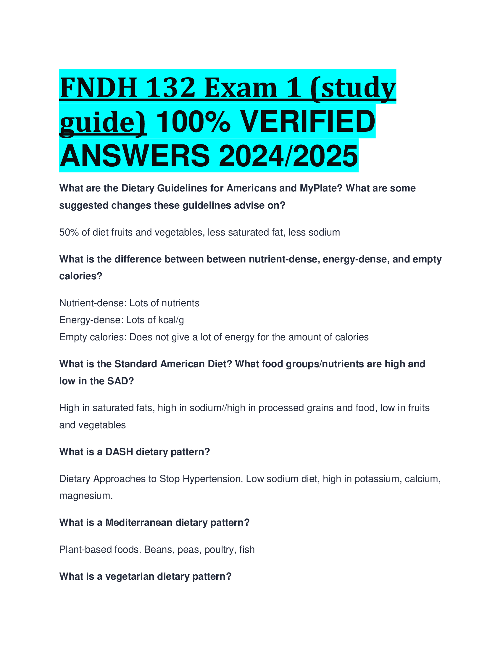 FNDH 132 Exam 1 (study guide) VERIFIED  ANSWERS 20242026