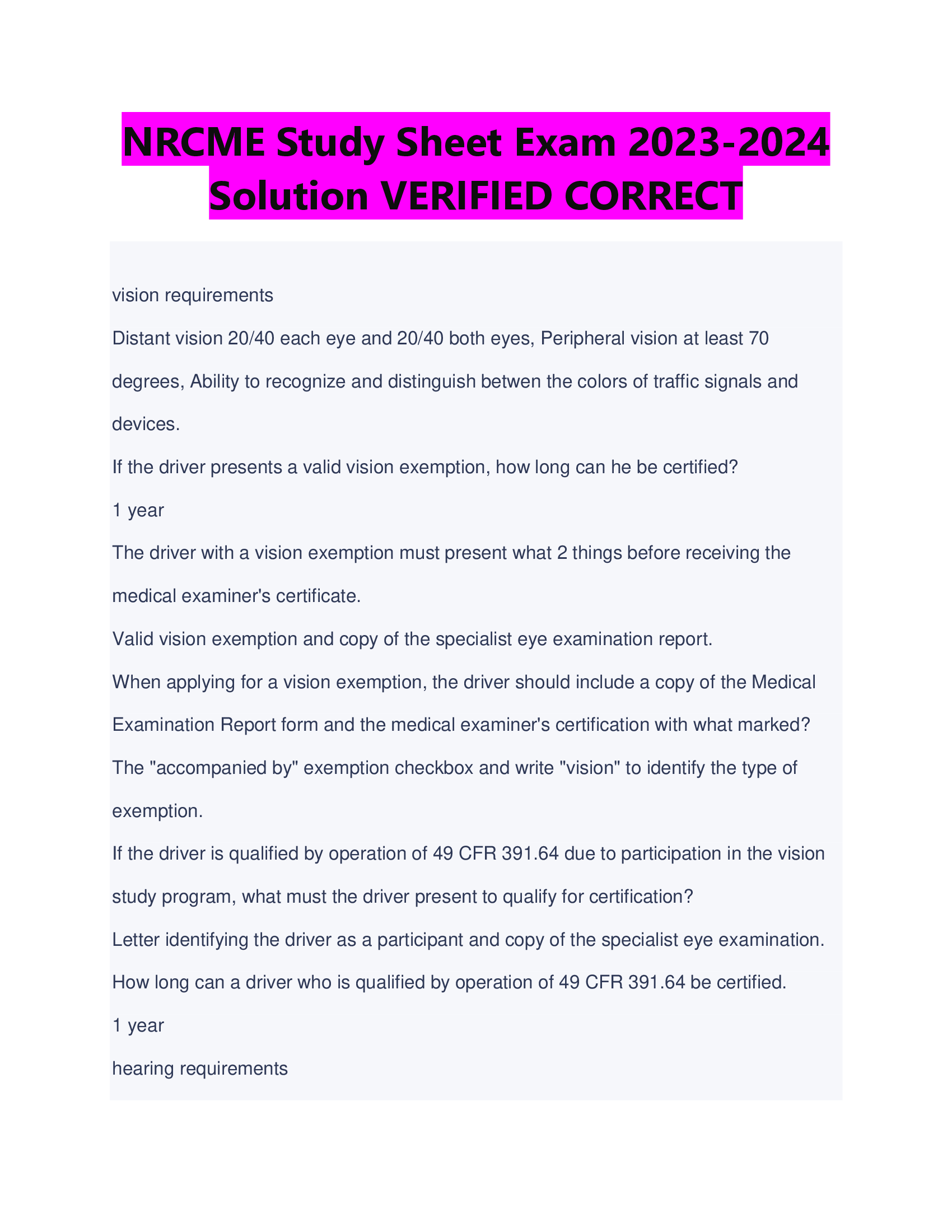 BEST REVIEW NRCME Study Sheet Exam 2023-2024 Solution VERIFIED CORRECT