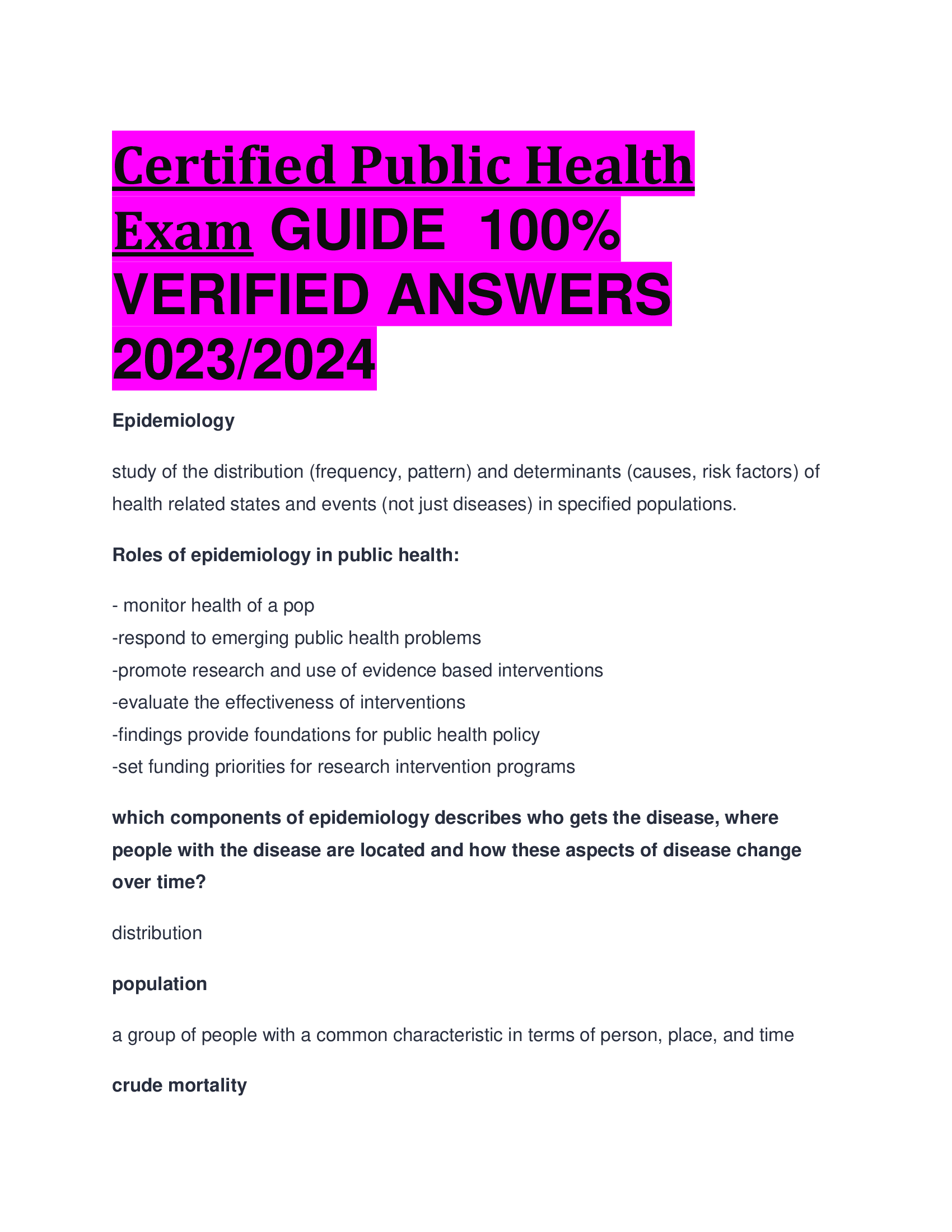 Certified Public Health Exam GUIDE VERIFIED ANSWERS  2023,2024