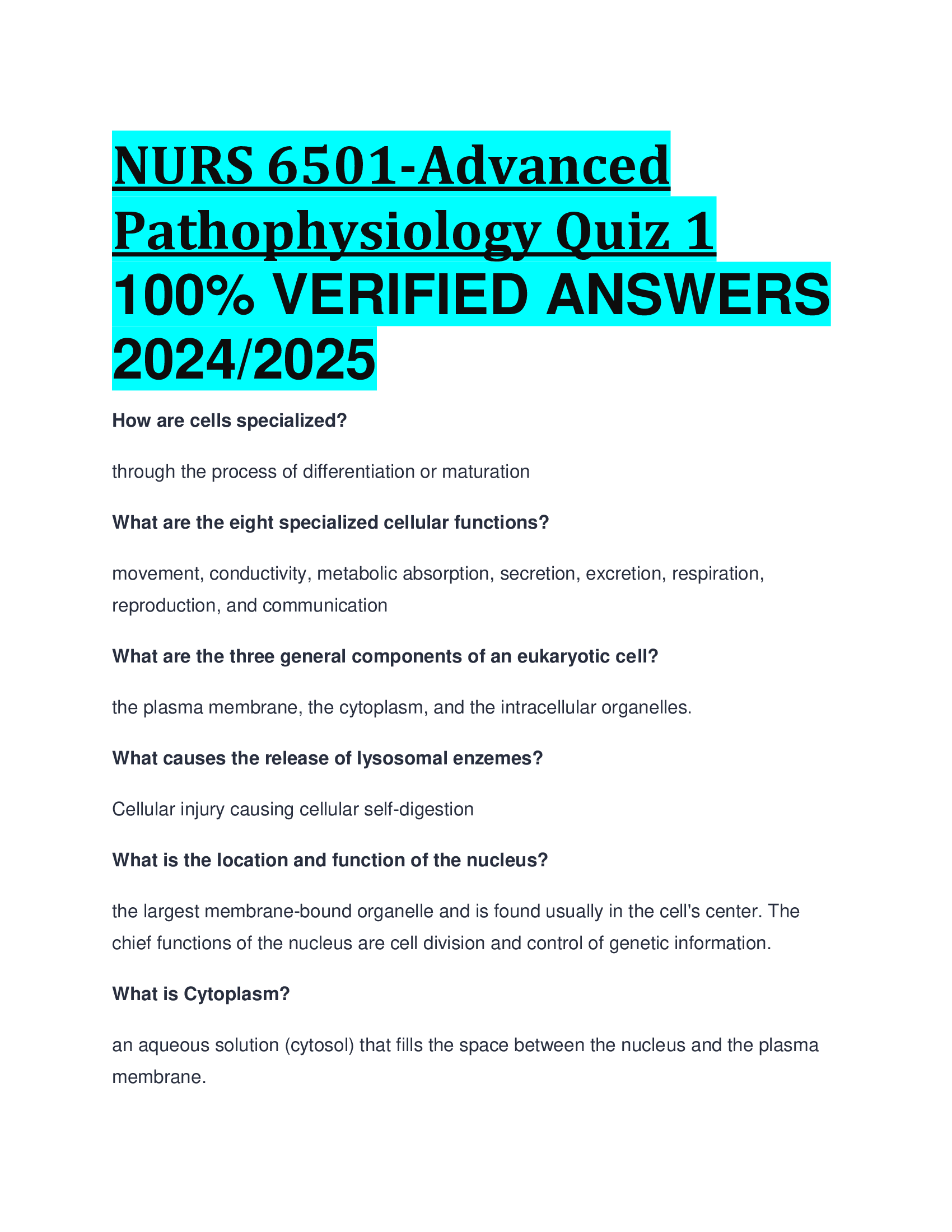 NURS 6501-Advanced Pathophysiology Quiz 1 VERIFIED ANSWERS  20242026