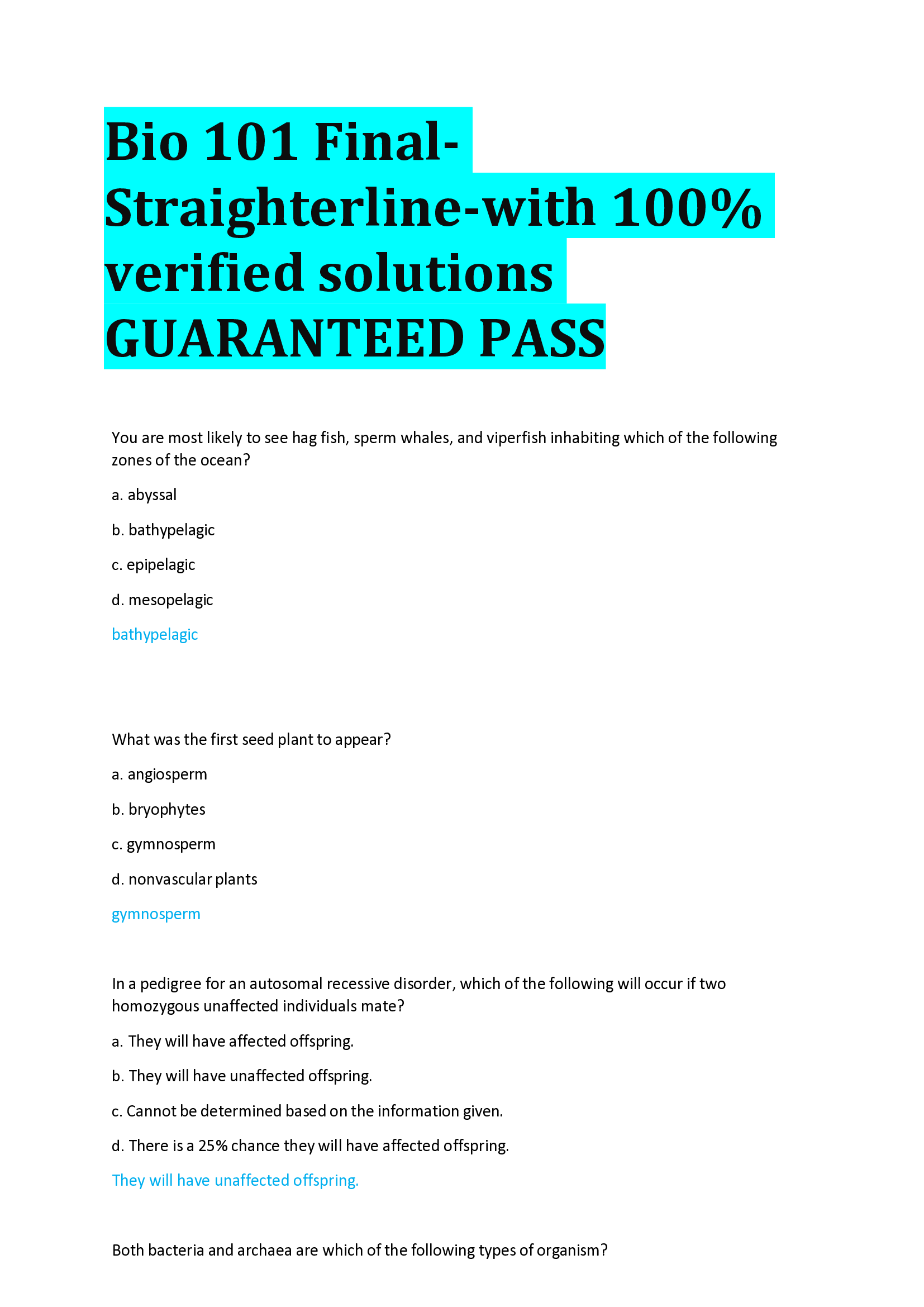 Bio 101 Final Straighterline-with verified solutions GUARANTEED PASS