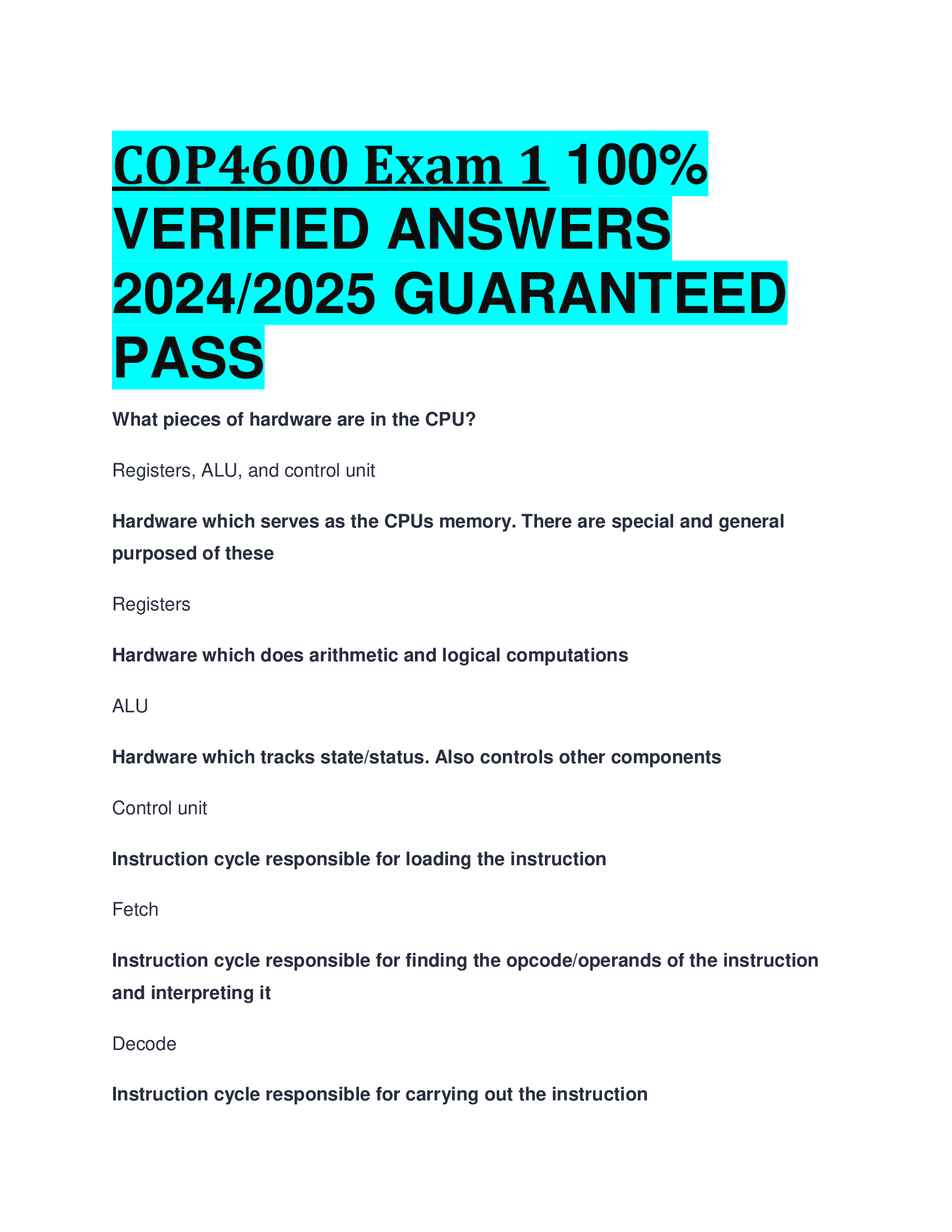 COP4600 Exam 1  VERIFIED ANSWERS  20242026 GUARANTEED  PASS