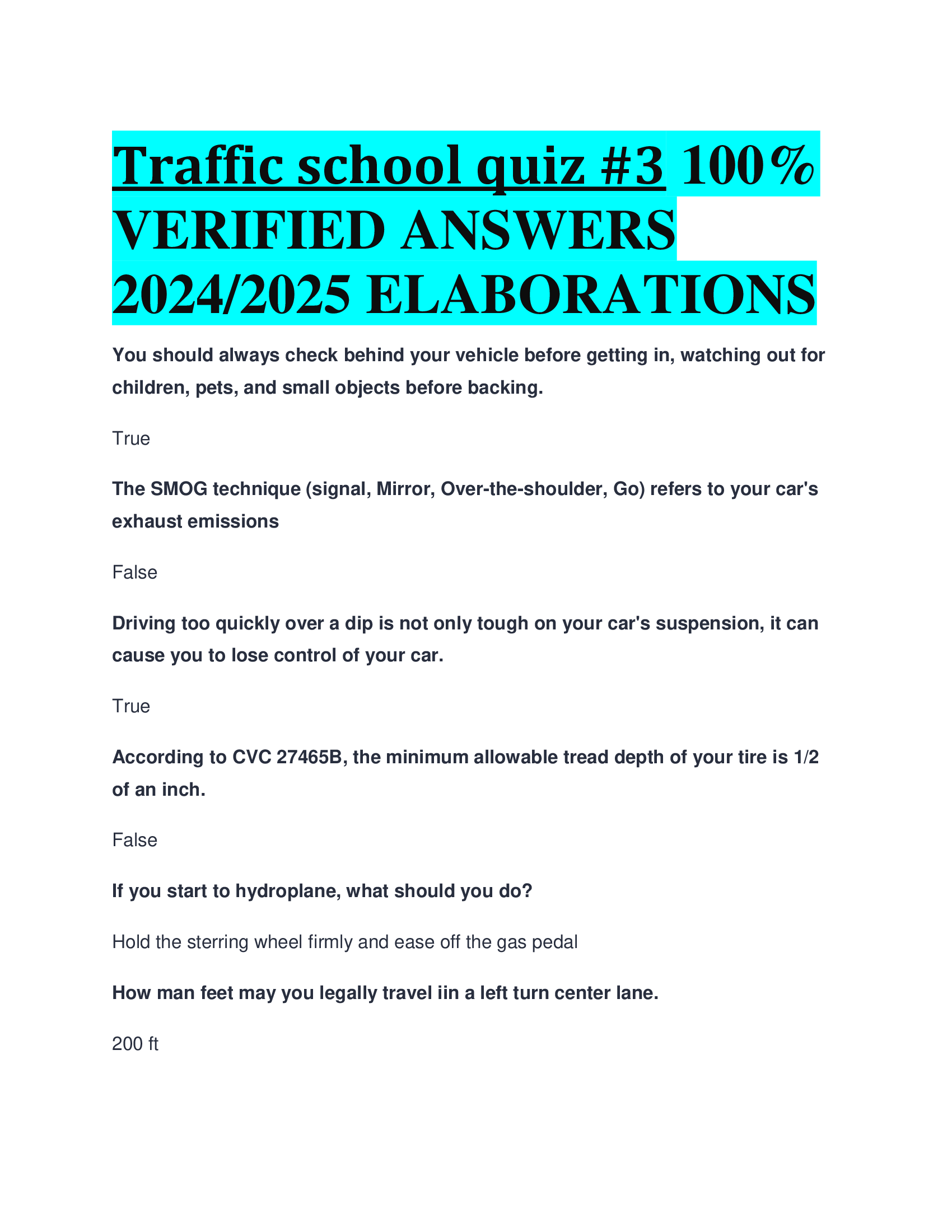 Traffic school quiz 3  VERIFIED ANSWERS  20242026 ELABORATIONS