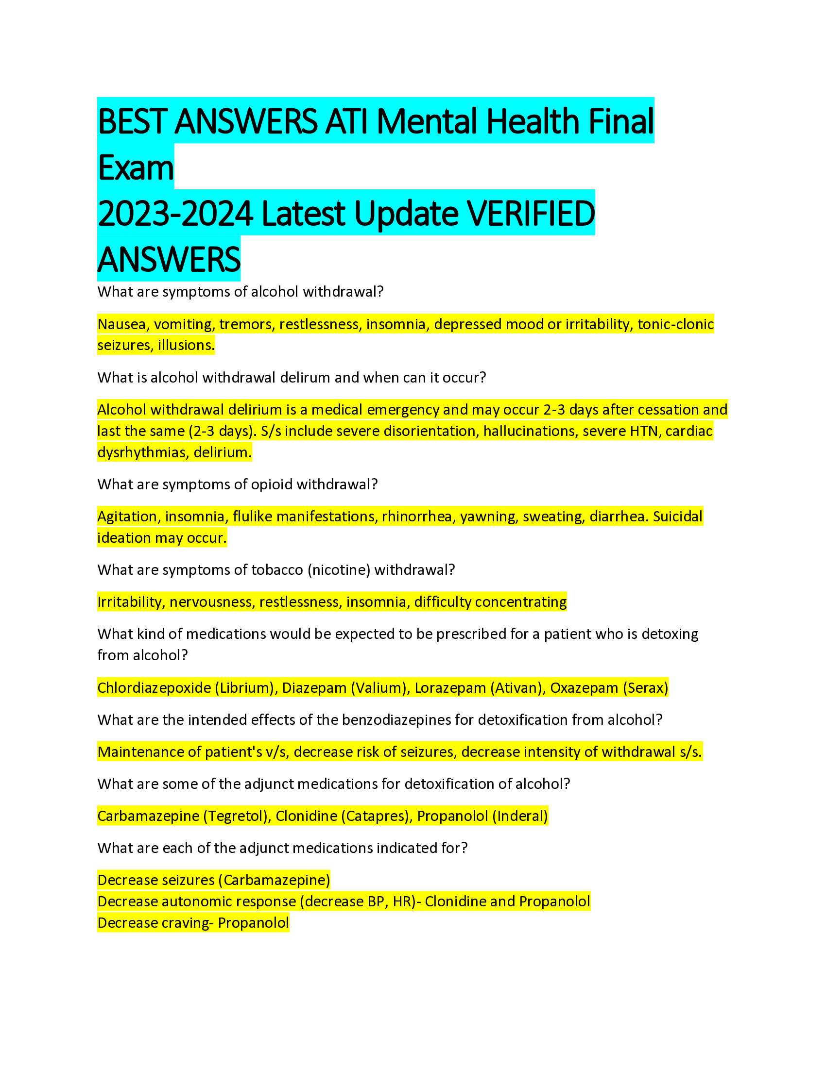 BEST ANSWERS ATI Mental Health Final  Exam  2023-2024 Latest Update VERIFIED  ANSWERS
