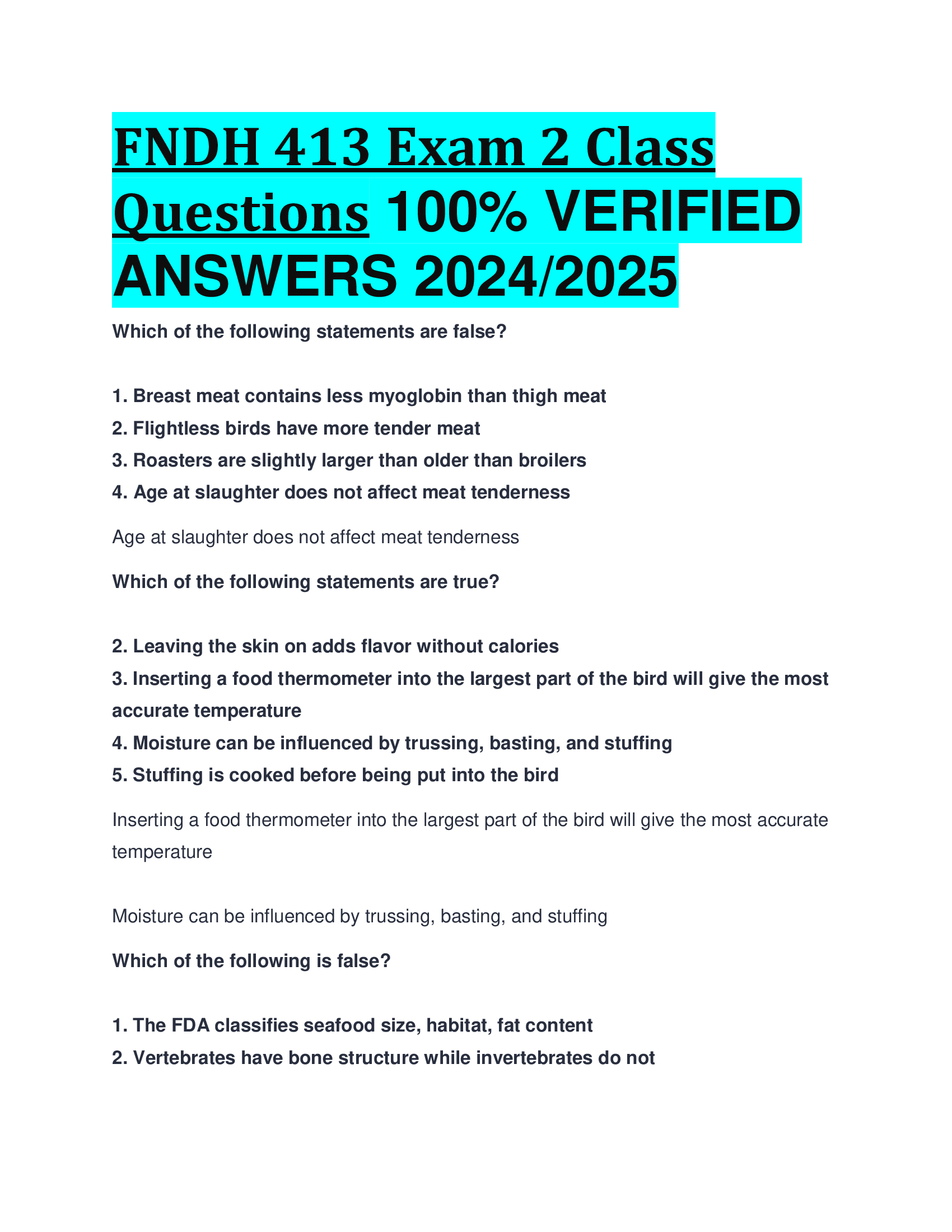 FNDH 413 Exam 2 Class Questions VERIFIED  ANSWERS 20242026