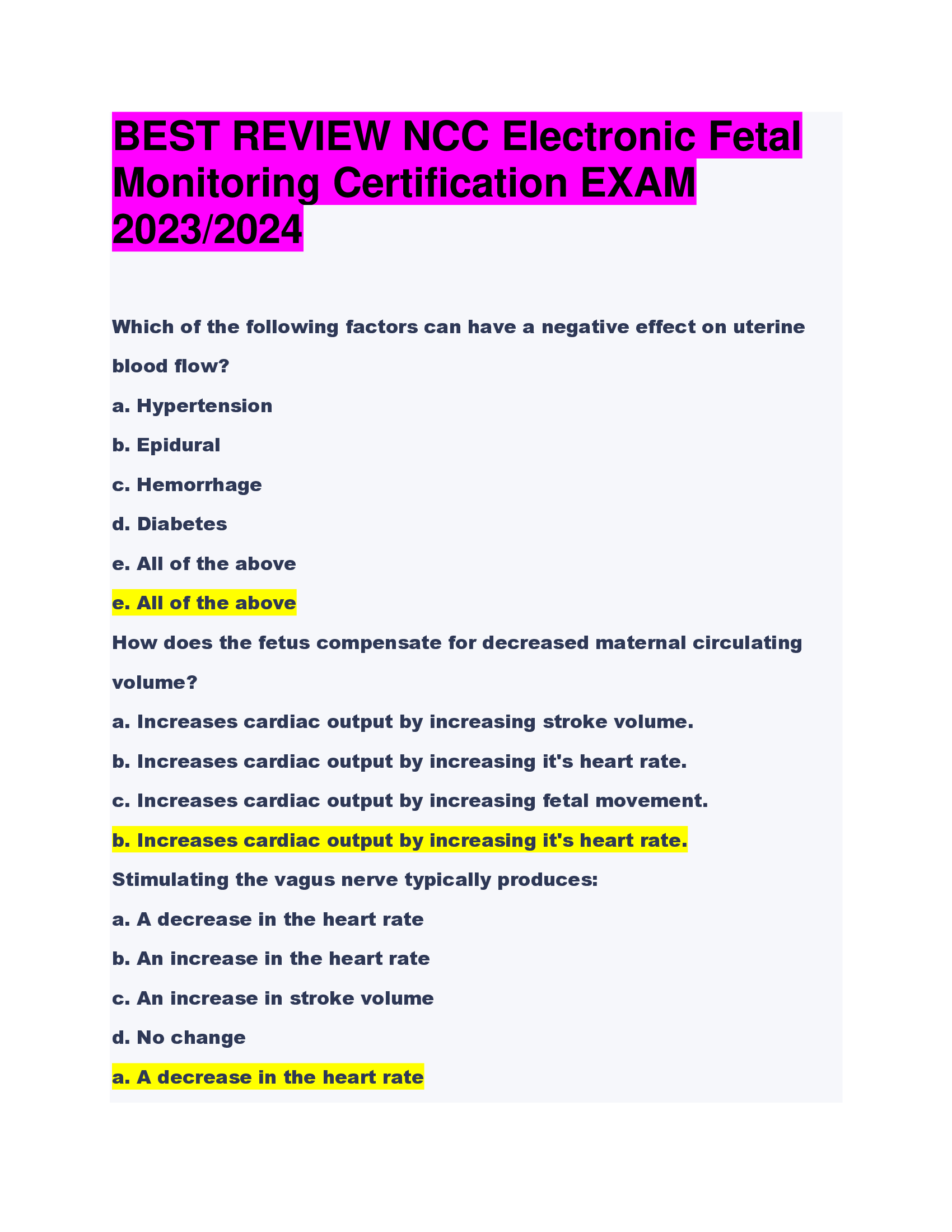 BEST REVIEW NCC Electronic Fetal  Monitoring Certification EXAM  2023, 2024