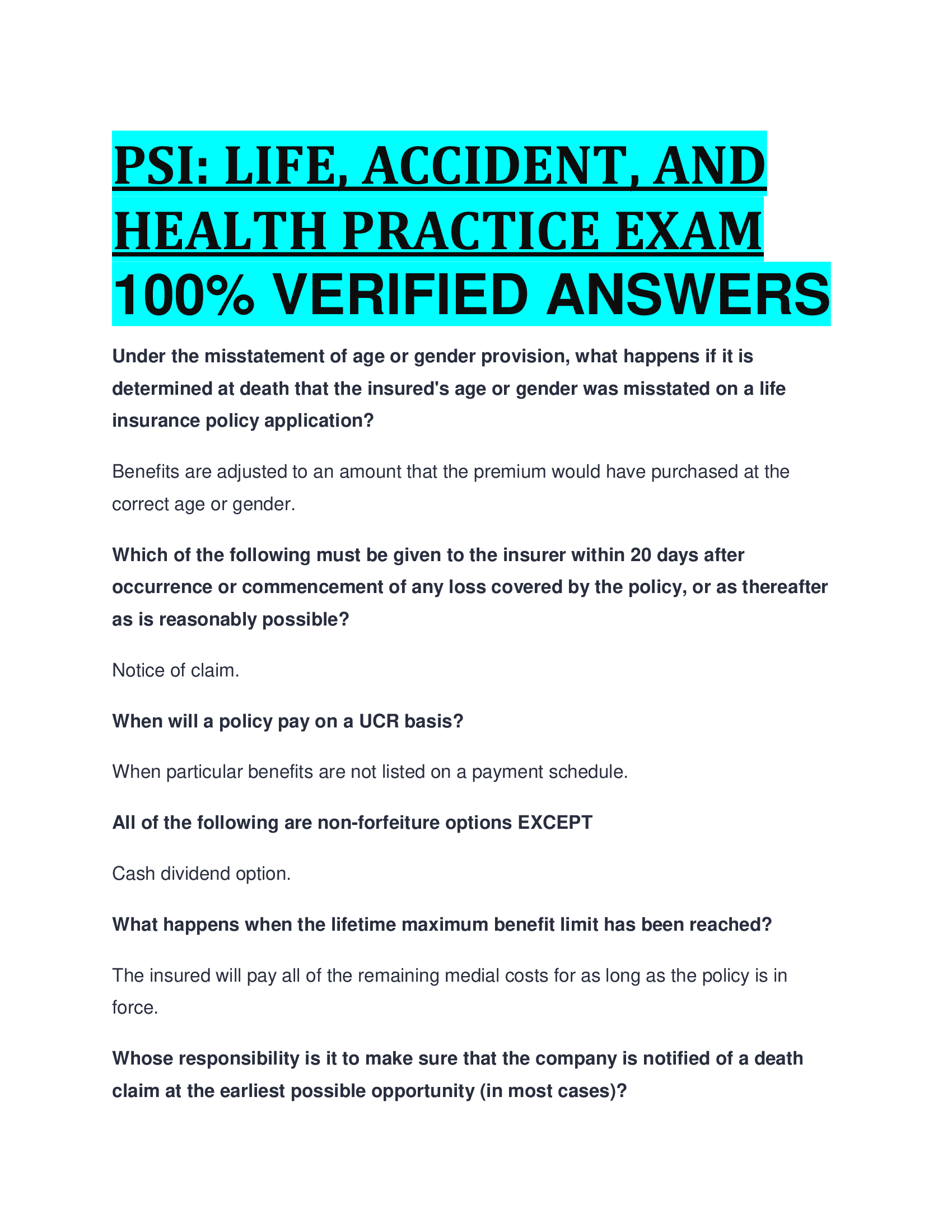 PSI: LIFE, ACCIDENT, AND HEALTH PRACTICE EXAM  VERIFIED ANSWERS