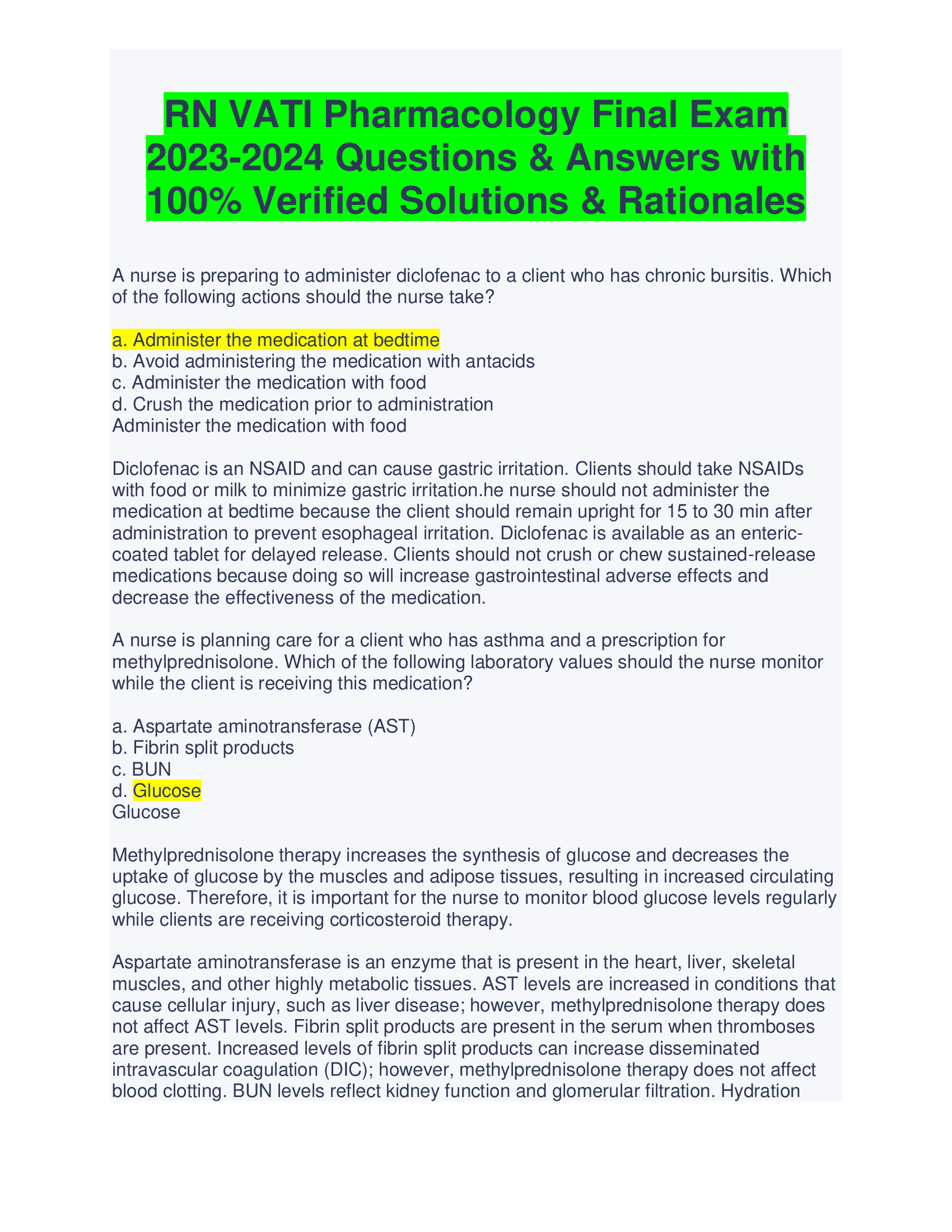 RN VATI Pharmacology 2019 Final Exam  Questions & Answers with  Verified  Solutions & Rationales