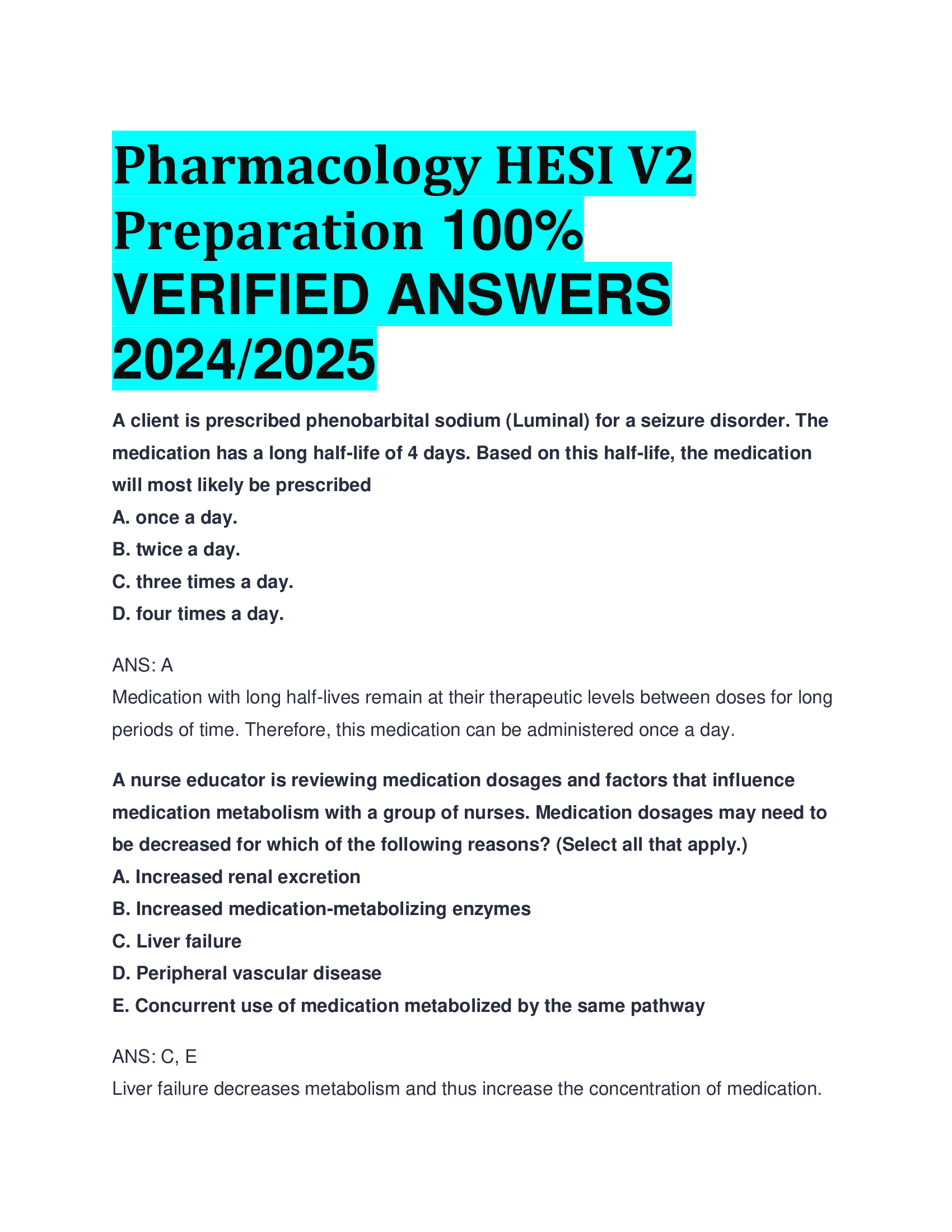 Pharmacology HESI V2 Preparation VERIFIED ANSWERS  20242026