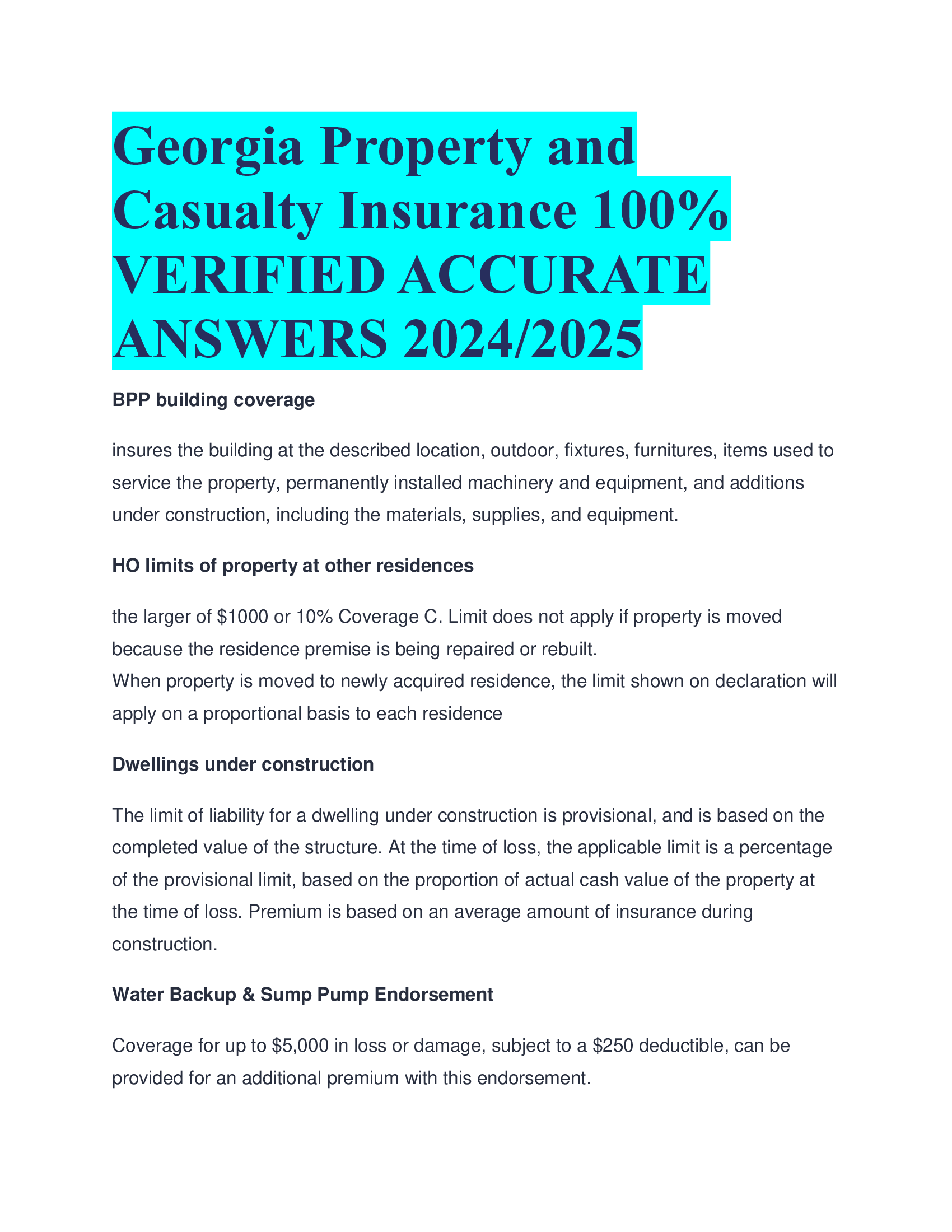Georgia Property and  Casualty Insurance  VERIFIED ACCURATE  ANSWERS 20242026