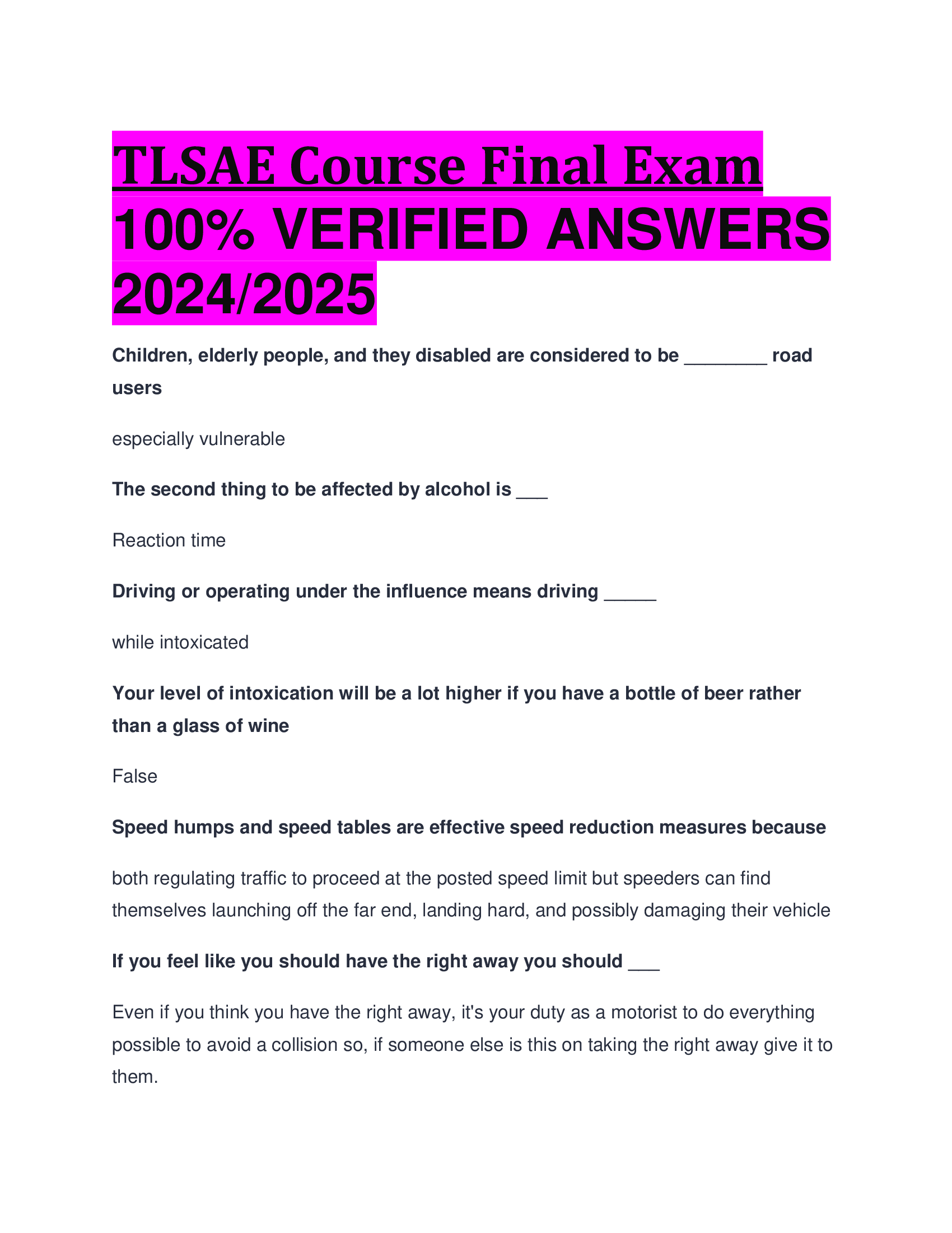 BEST ANSWERS TLSAE Course Final Exam 100 Percent VERIFIED ANSWERS  2024, 2026
