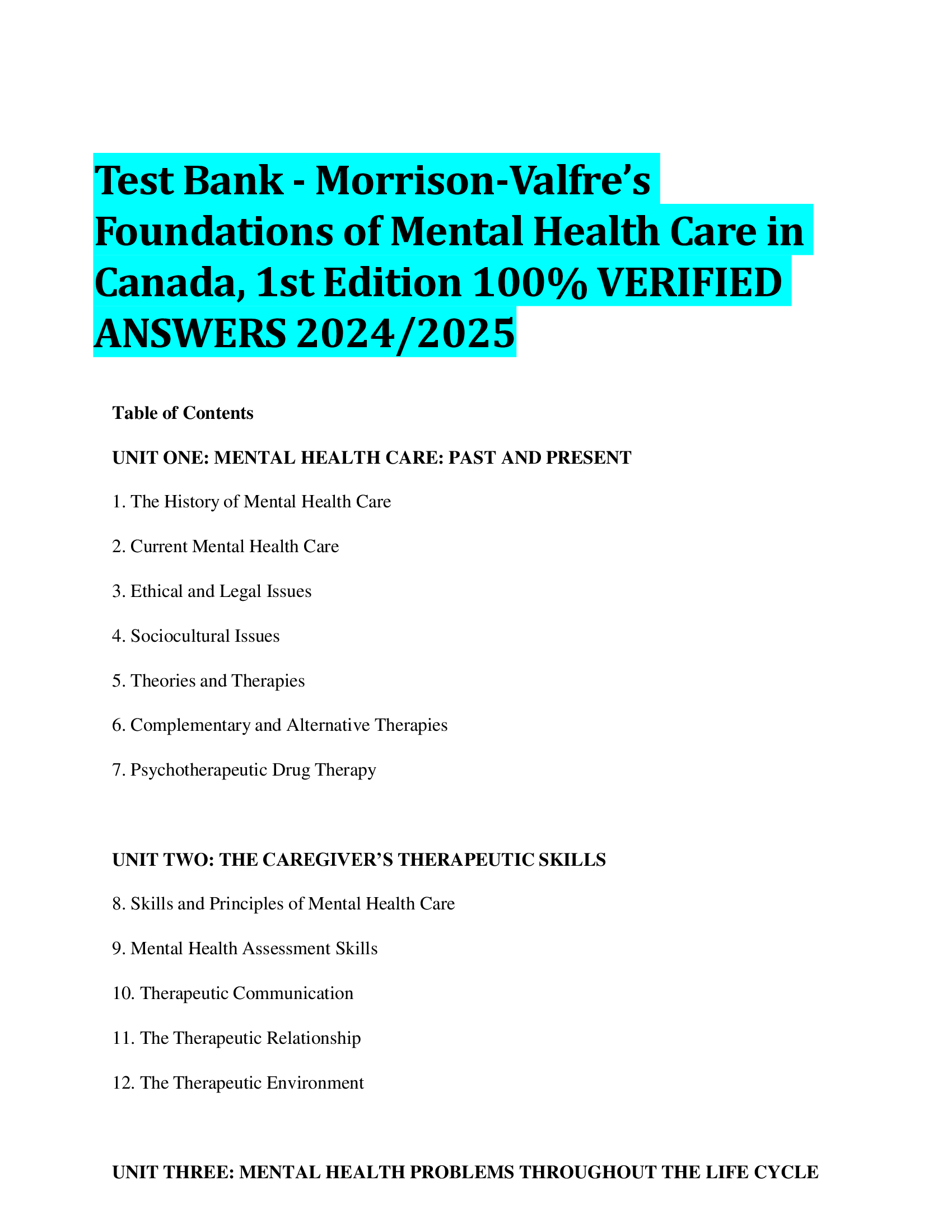 Test Bank - Morrison-Valfre’s  Foundations of Mental Health Care in  Canada, 1st Edition  VERIFIED  ANSWERS 20242026