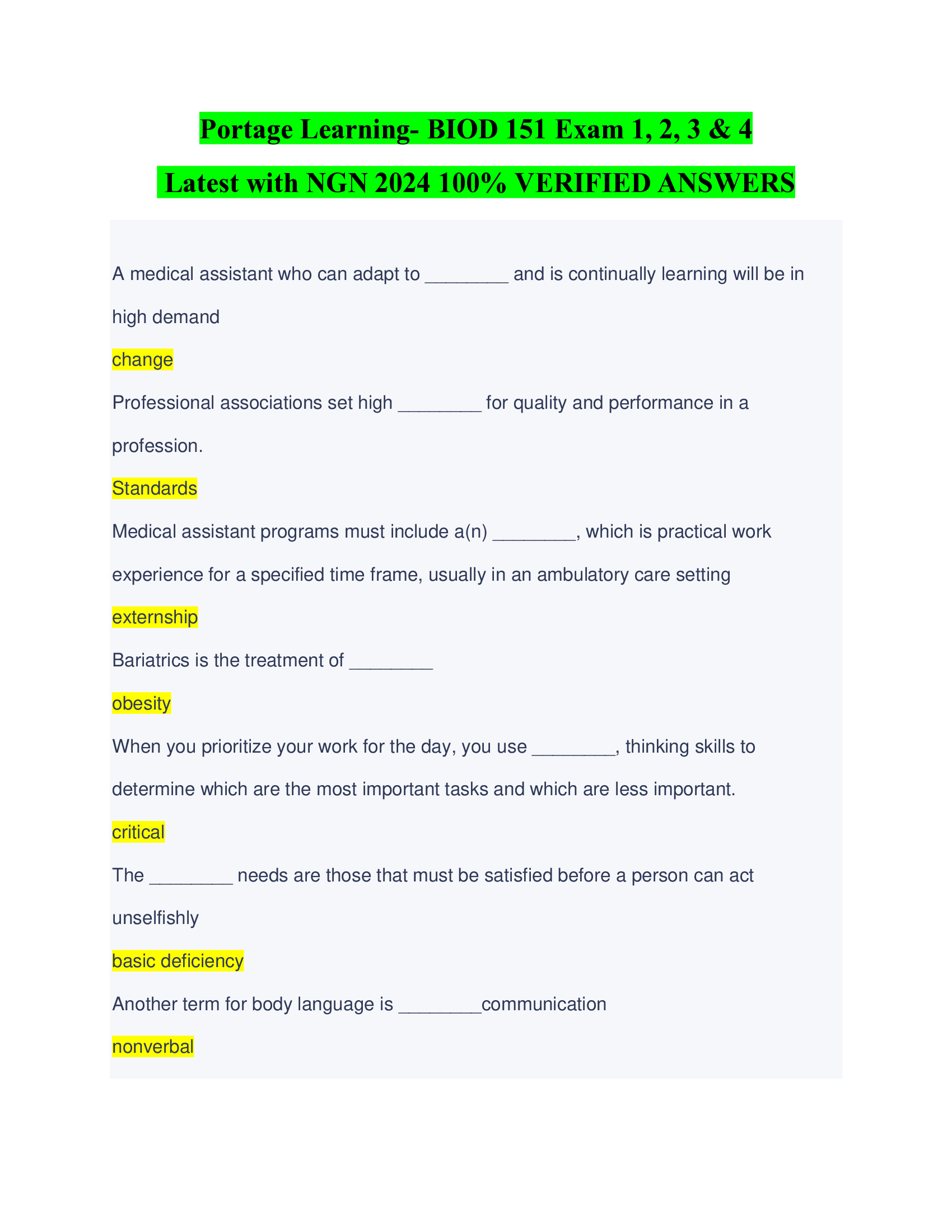 Portage Learning- BIOD 151 Exam 1, 2, 3 & 4 Latest with NGN 2024  VERIFIED ANSWERS