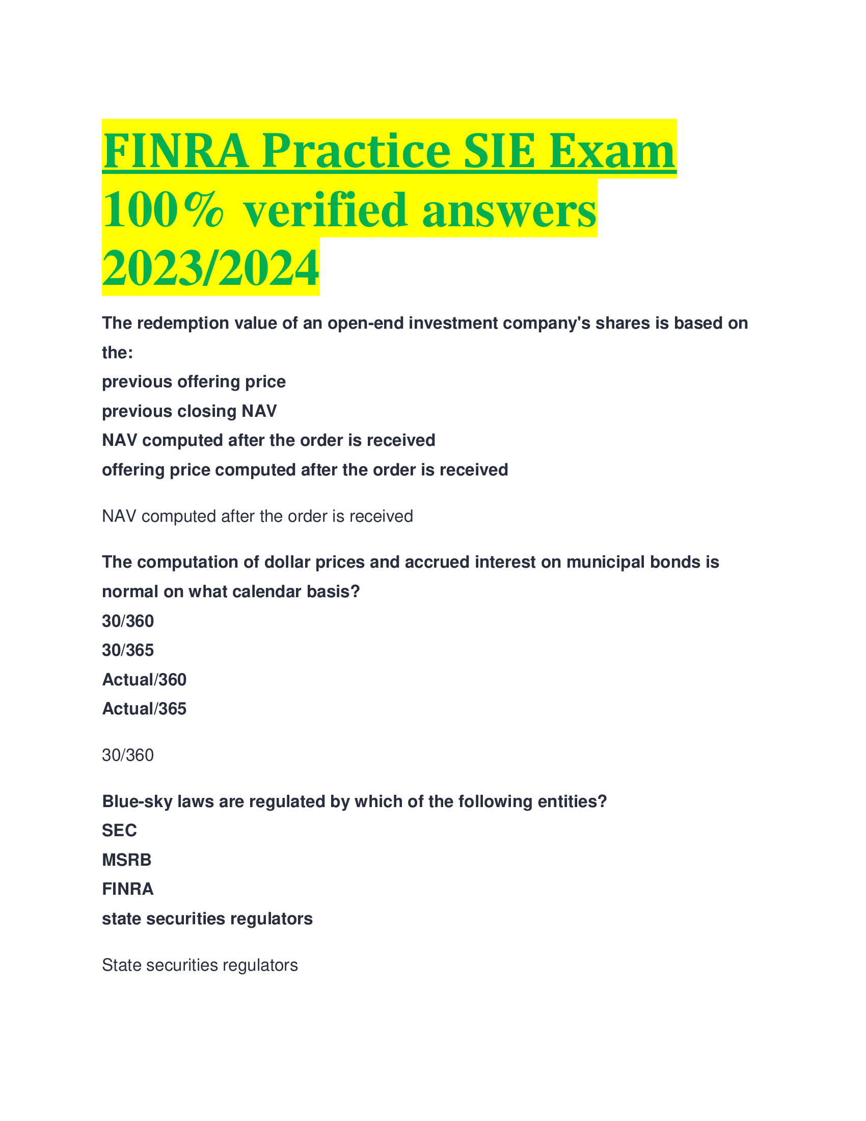 FINRA Practice SIE Exam verified answers  2023,2024