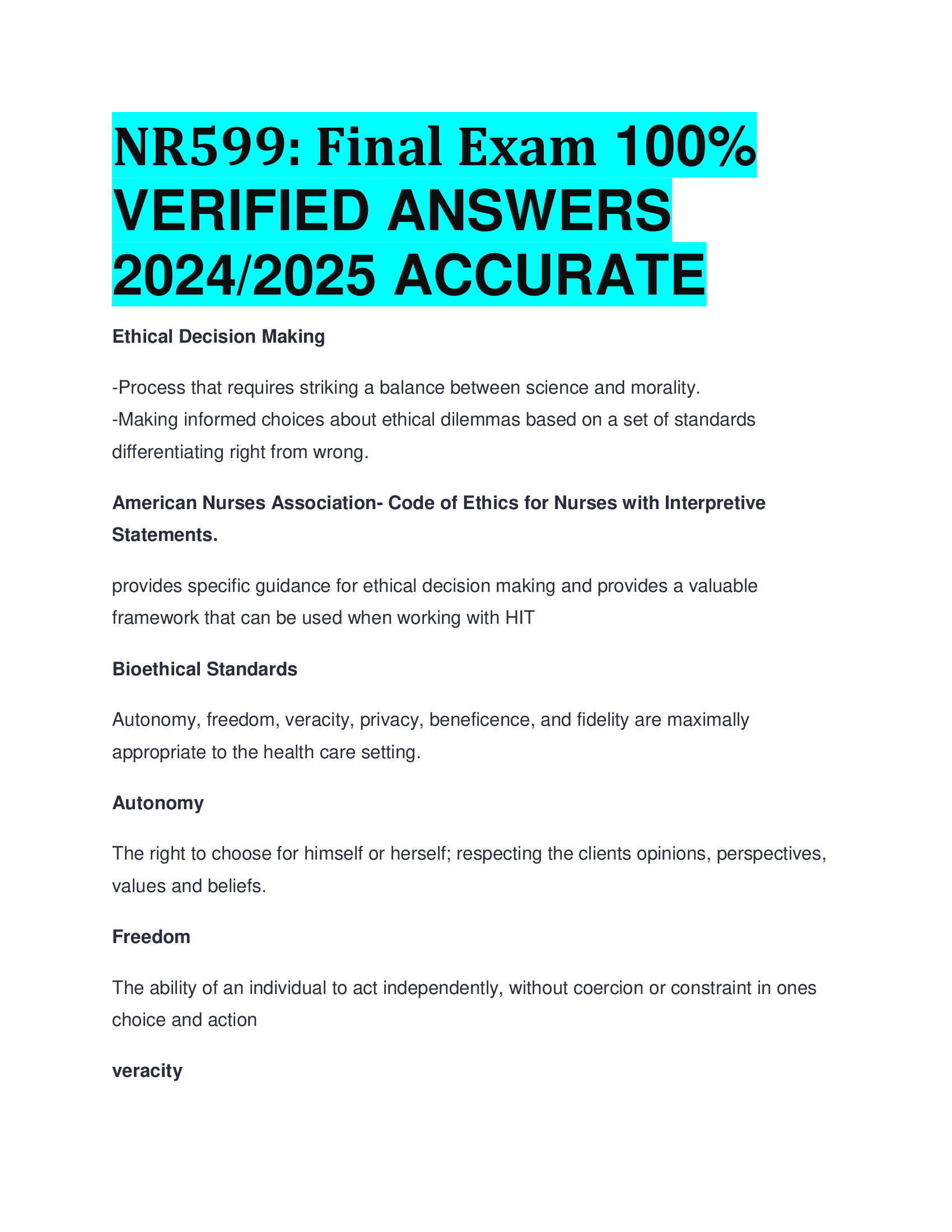 NR599: Final Exam VERIFIED ANSWERS  20242026 ACCURATE