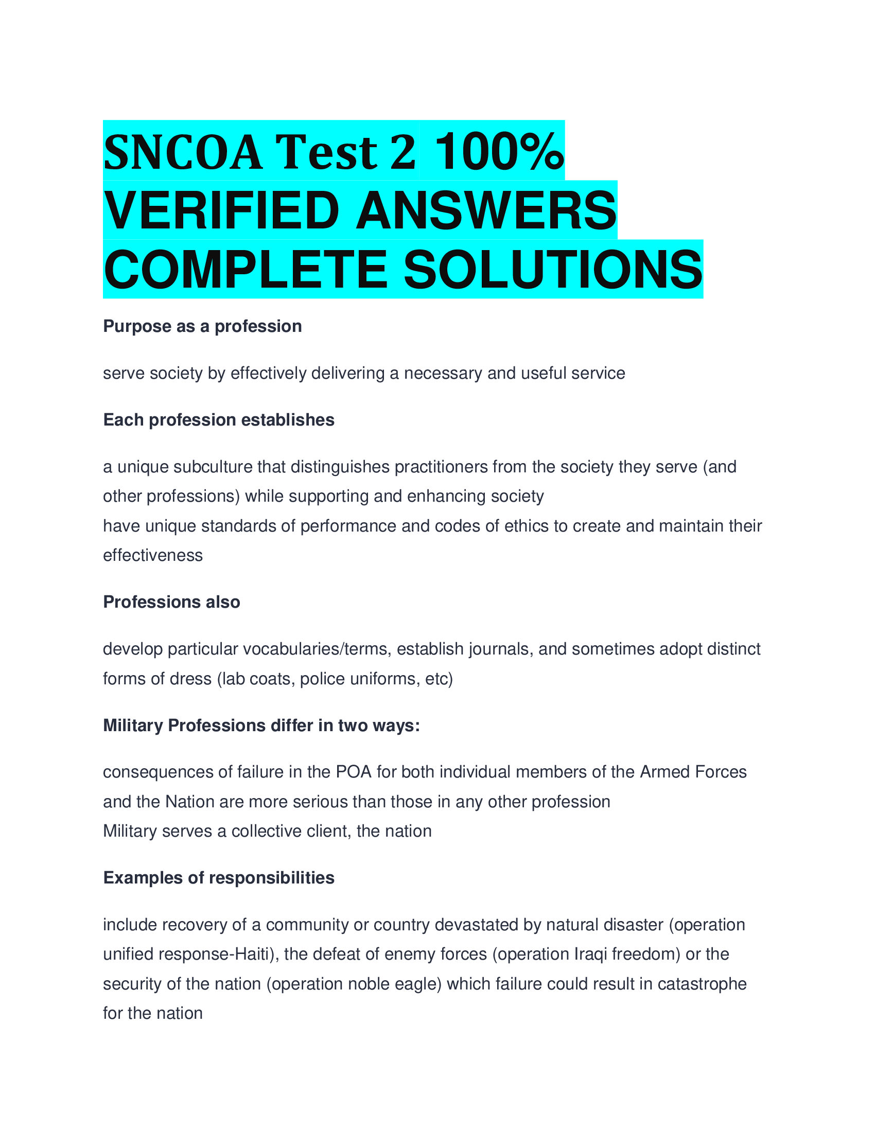 SNCOA Test 2 VERIFIED ANSWERS  COMPLETE SOLUTIONS