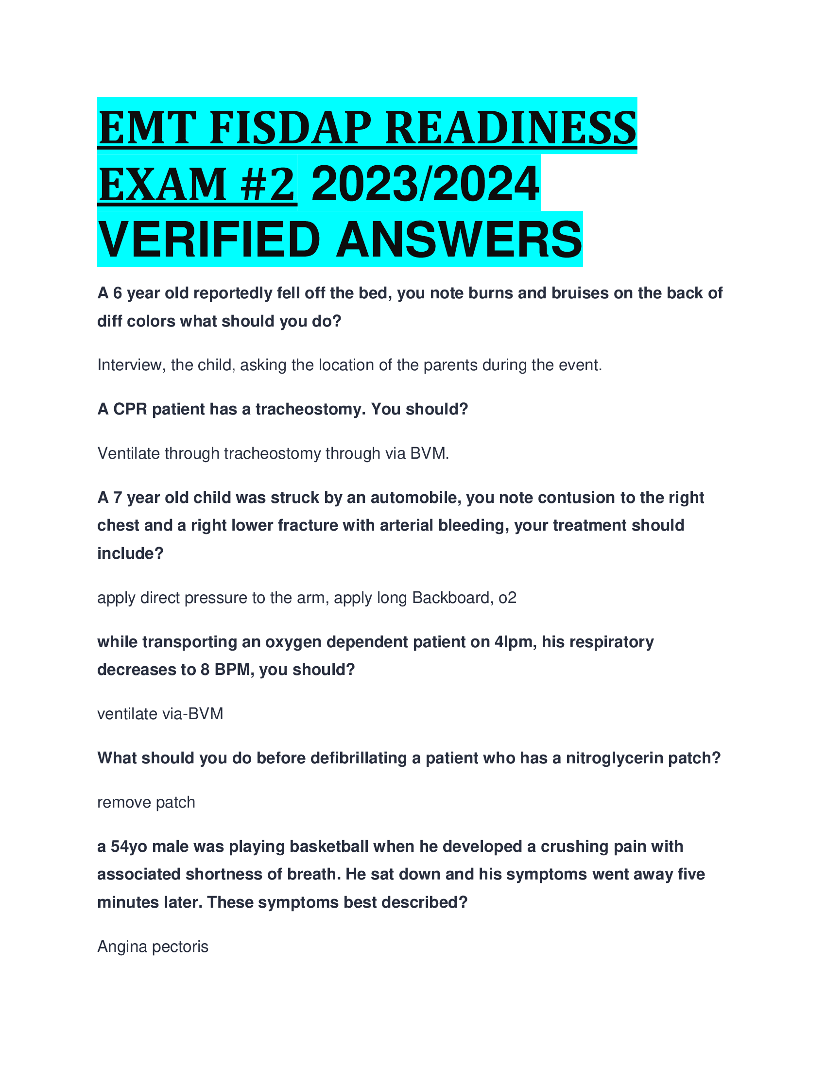 EMT FISDAP READINESS EXAM 2 2023,2024  VERIFIED ANSWERS