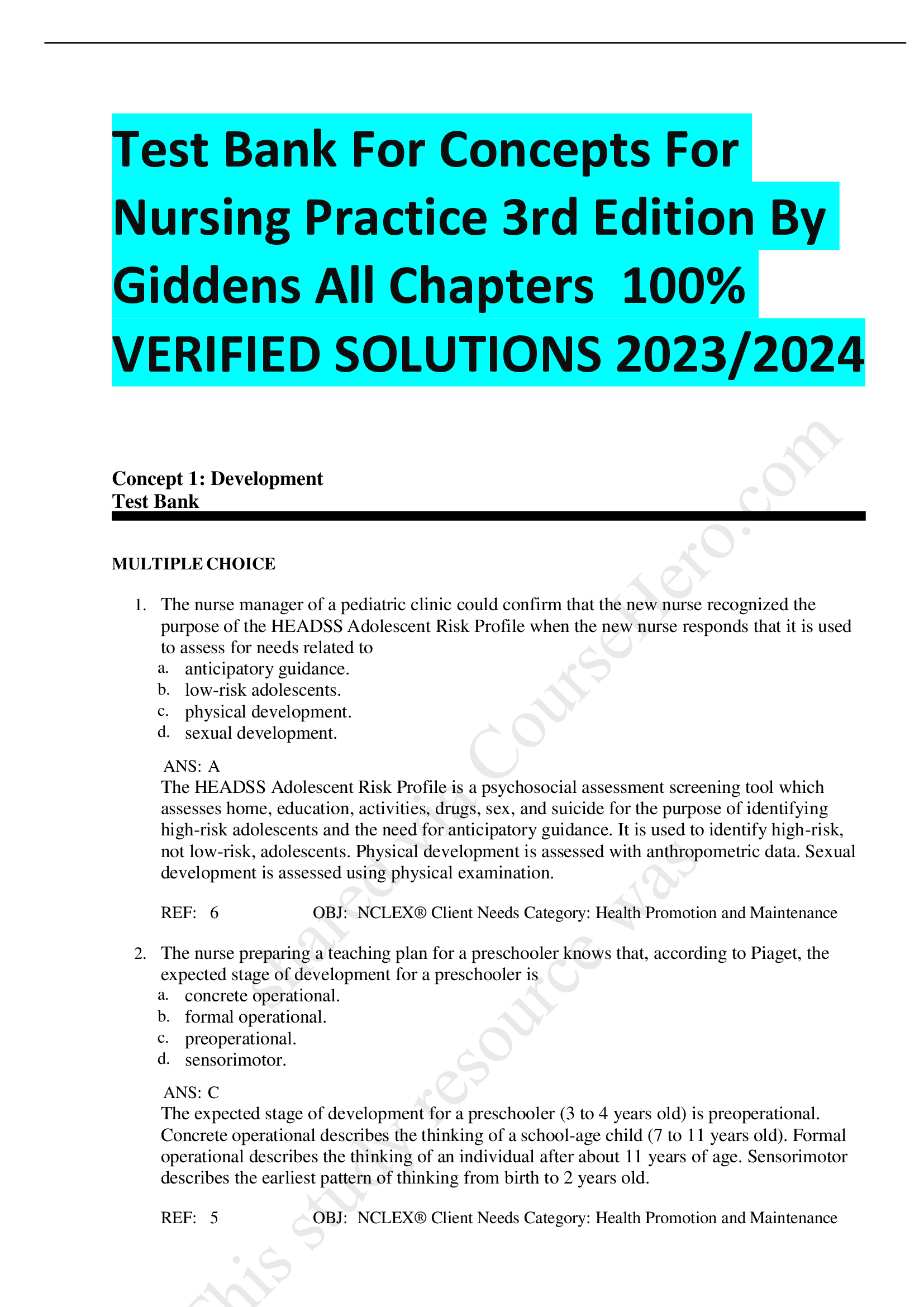 Test Bank For Concepts For  Nursing Practice 3rd Edition By  Giddens All Chapters VERIFIED SOLUTIONS 2023,2024