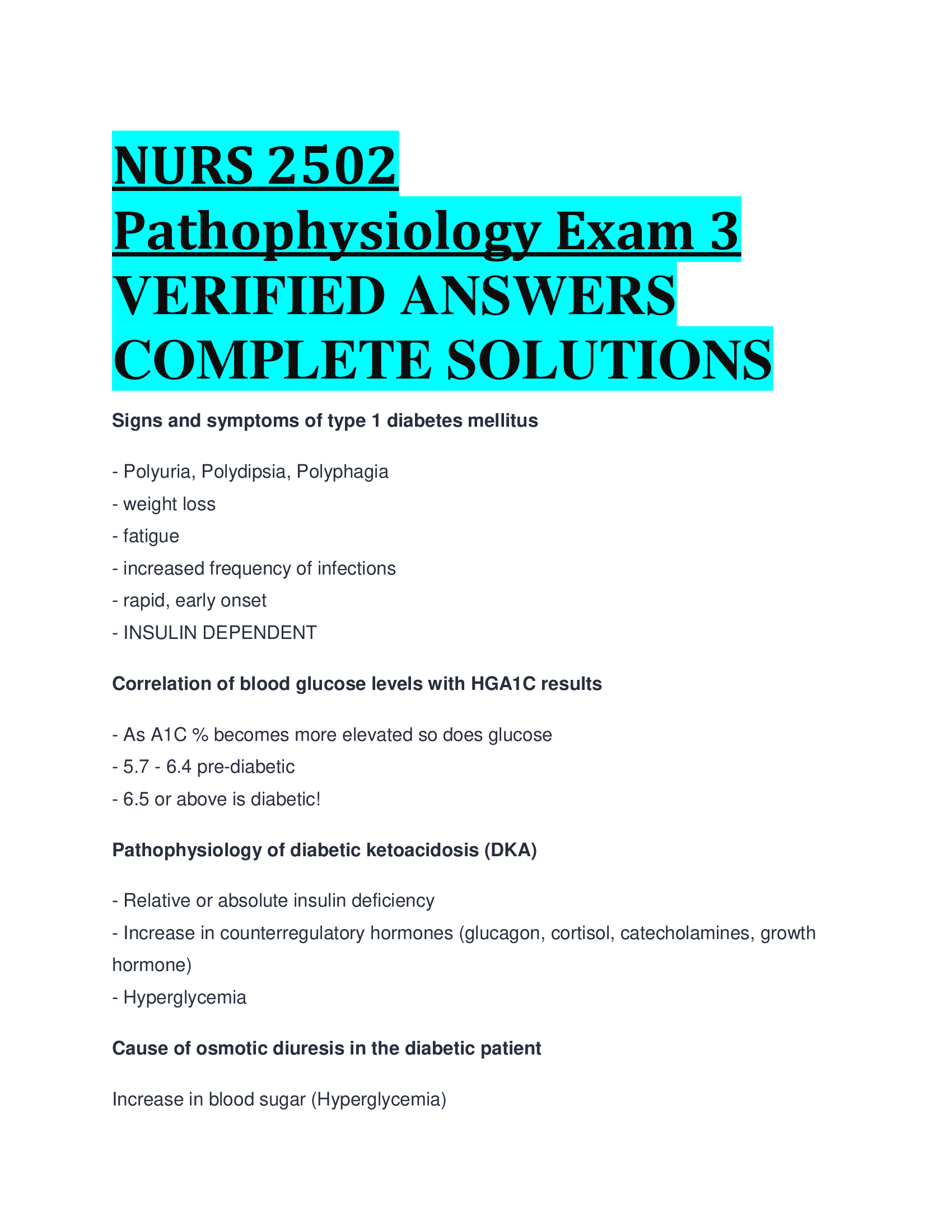 NURS 2502 Pathophysiology Exam 3 VERIFIED ANSWERS  COMPLETE SOLUTIONS