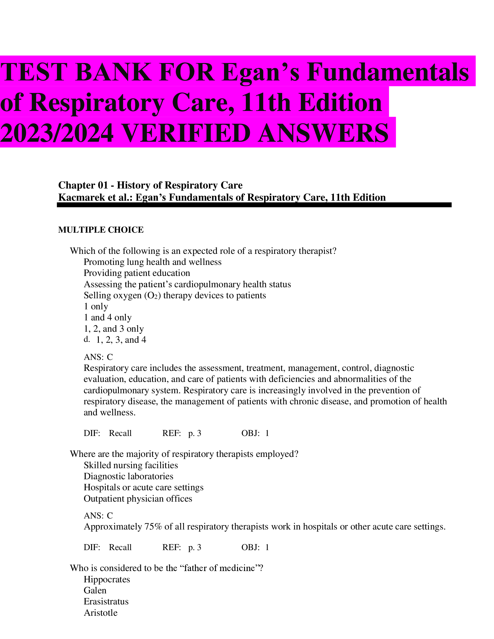 TEST BANK FOR Egan’s Fundamentals of Respiratory Care, 11th Edition 2023,2024 VERIFIED ANSWERS