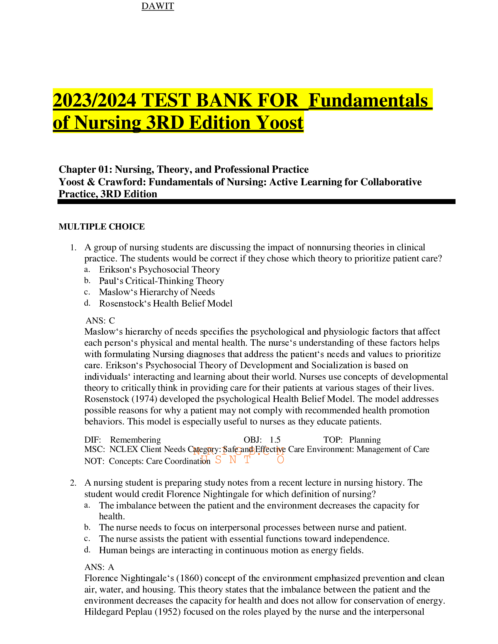 Test Bank for Fundamentals of Nursing: Active Learning for Collaborative Practice, 3rd Edition (Yoost, 2023)