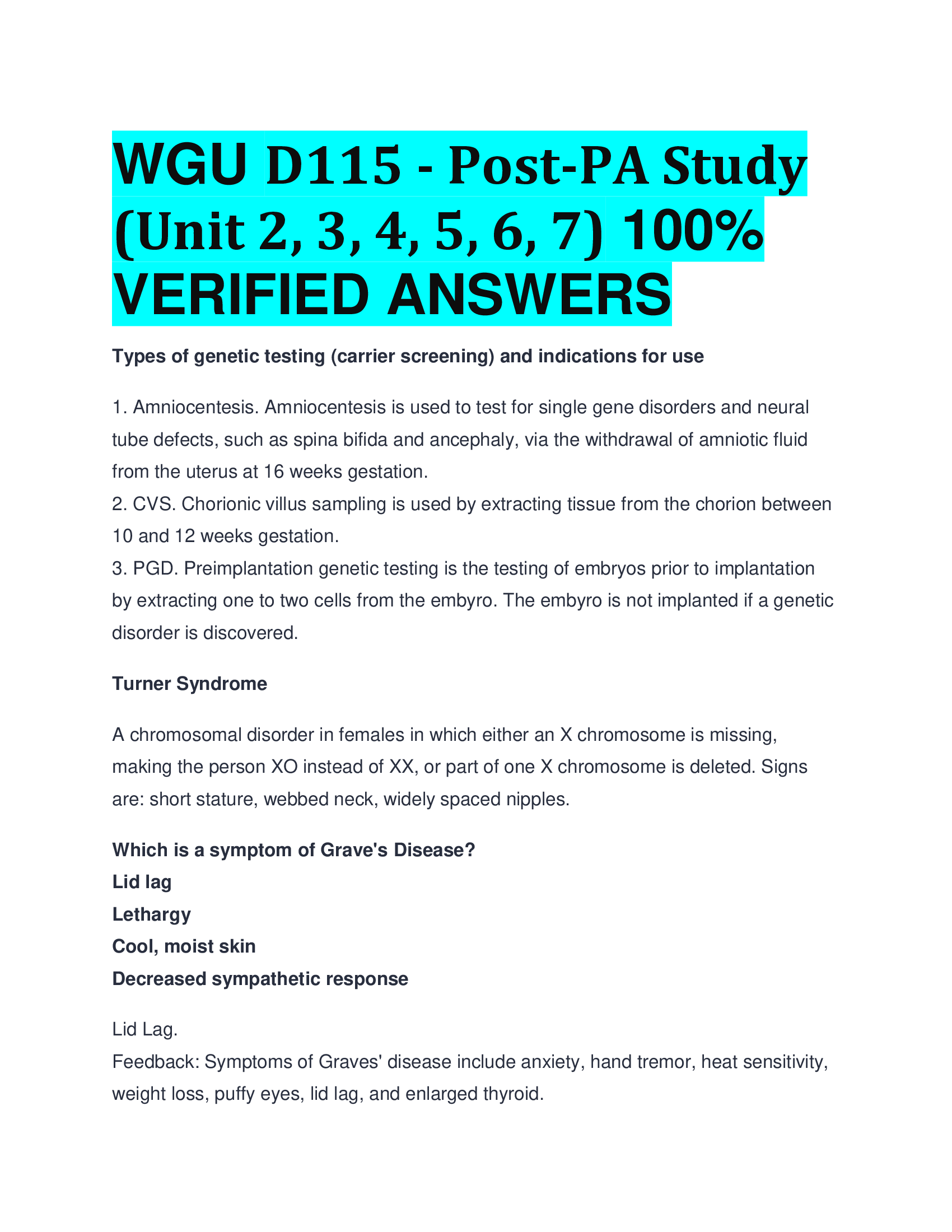 WGU D115 - Post-PA Study (Unit 2, 3, 4, 5, 6, 7)   VERIFIED ANSWERS