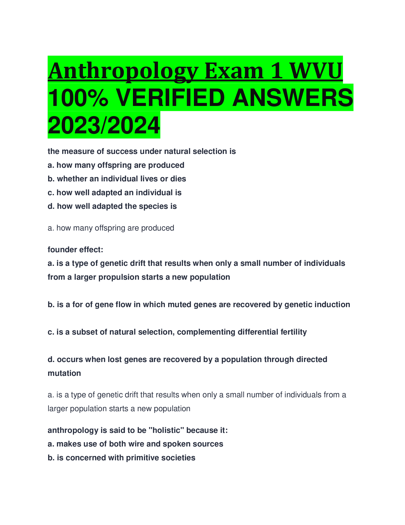 Anthropology Exam 1 WVU VERIFIED ANSWERS  2023,2024