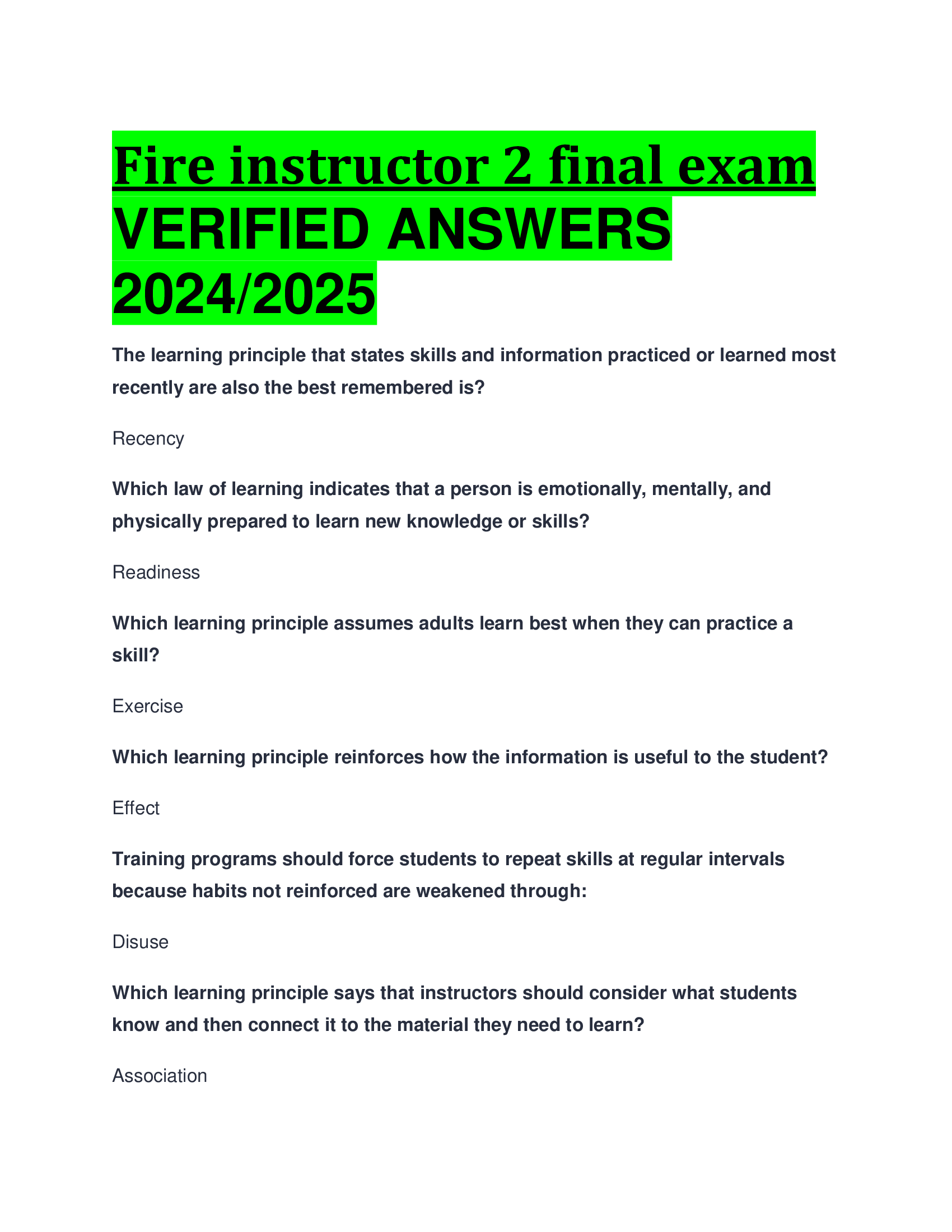Fire instructor 2 final exam VERIFIED ANSWERS  2024 | 2026