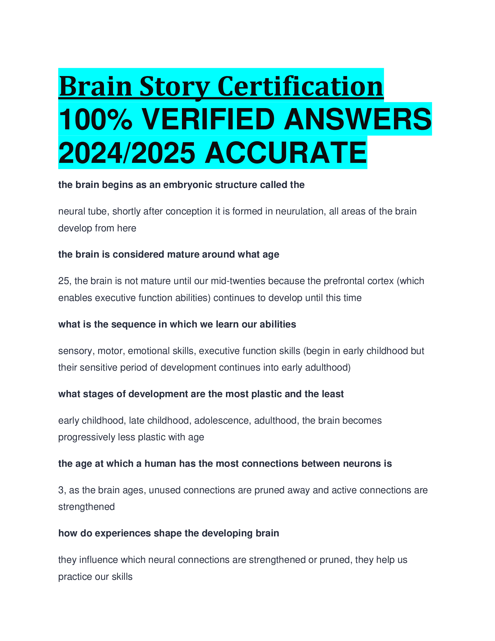 Brain Story Certification VERIFIED ANSWERS  20242026 ACCURATE