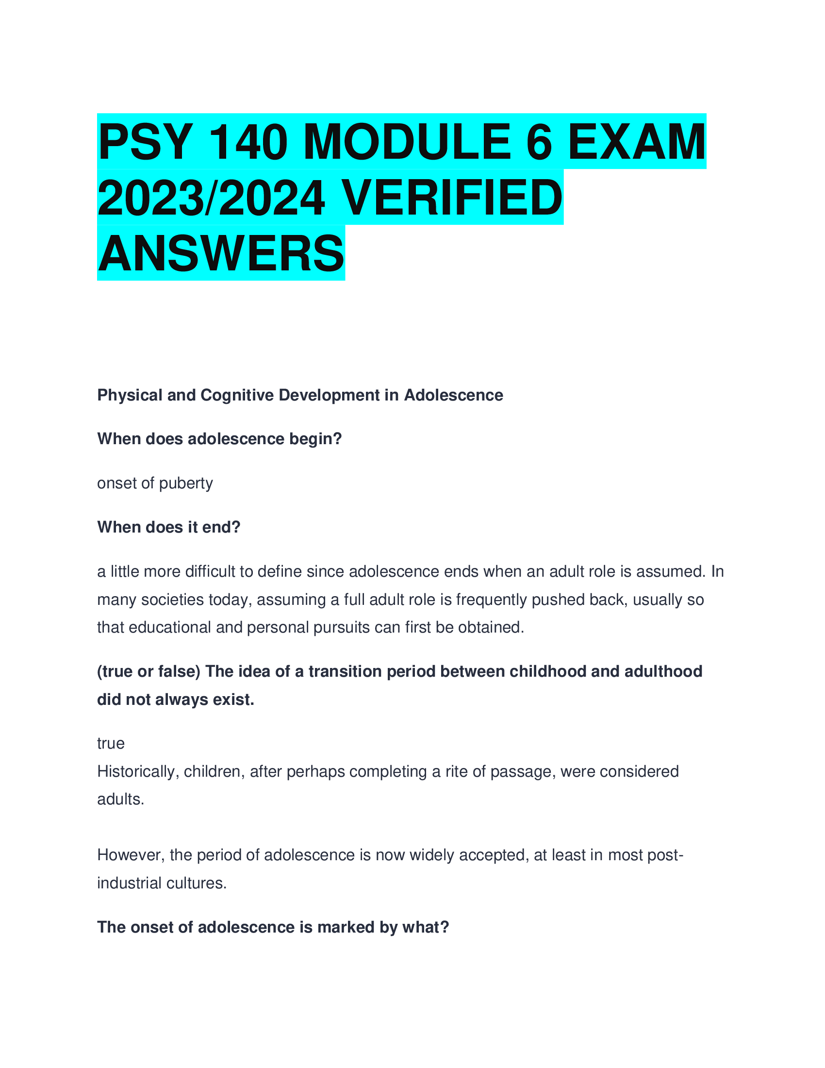 PSY 140 MODULE 6 EXAM  2023,2024 VERIFIED  ANSWERS