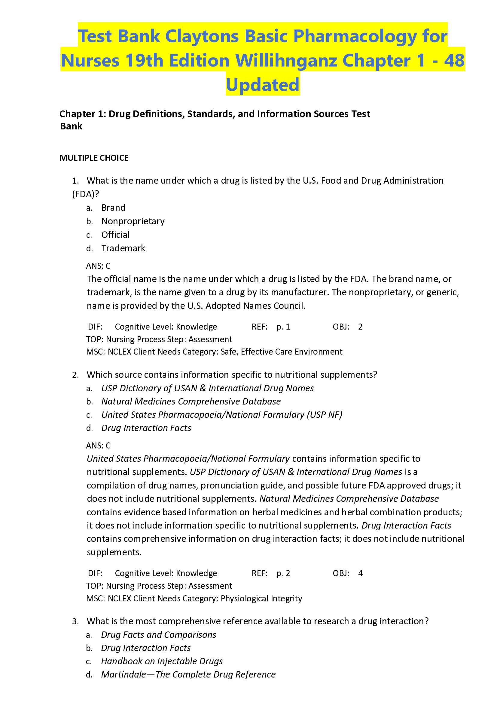 Test Bank Claytons Basic Pharmacology for  Nurses 19th Edition Willihnganz Chapter 1 - 48  Updated