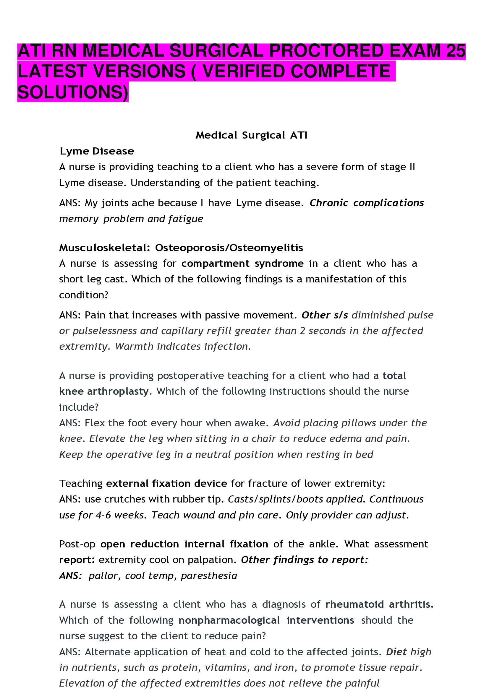 ATI RN MEDICAL SURGICAL PROCTORED EXAM 25 LATEST VERSIONS ( VERIFIED COMPLETE SOLUTIONS)