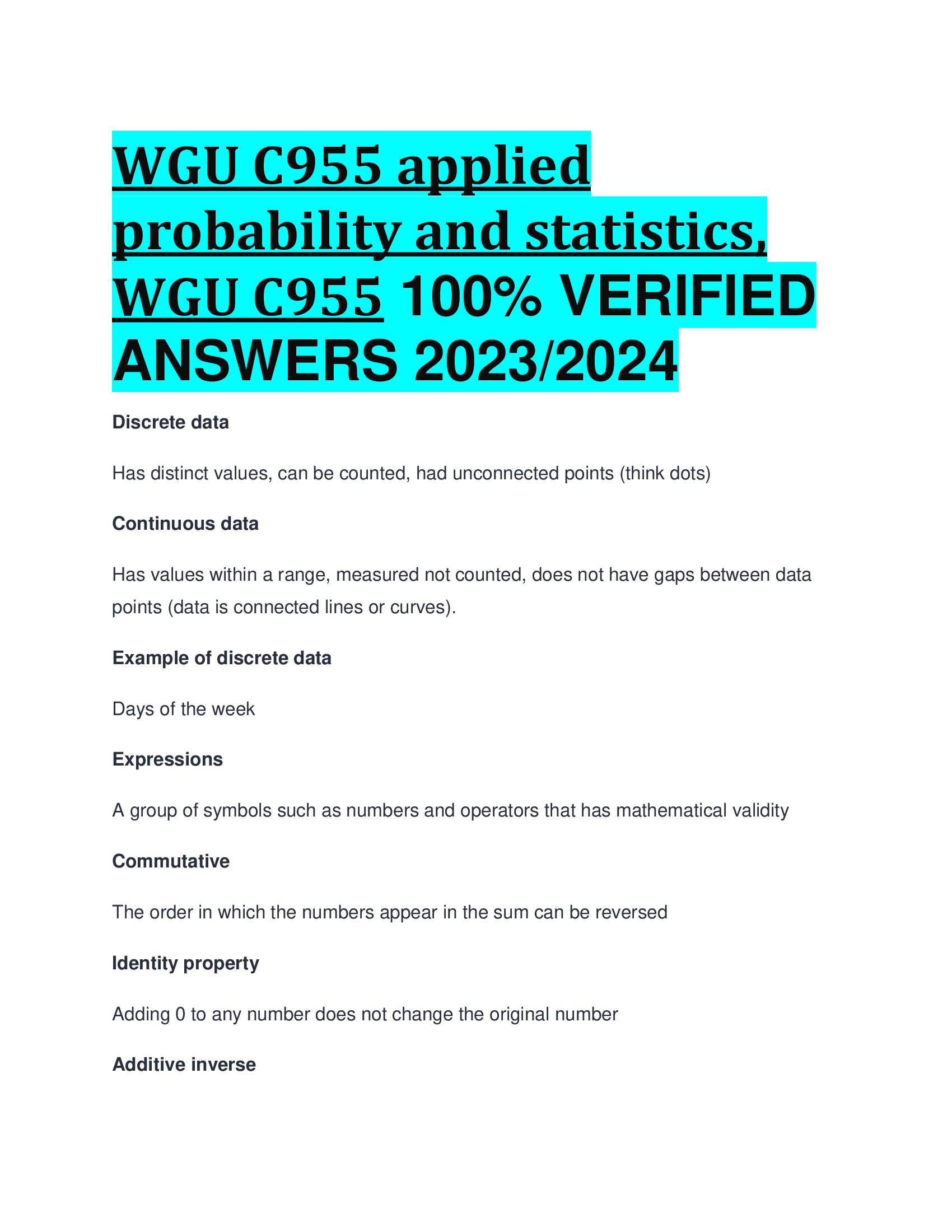 WGU C955 applied probability and statistics, WGU C955 VERIFIED  ANSWERS 2023,2024