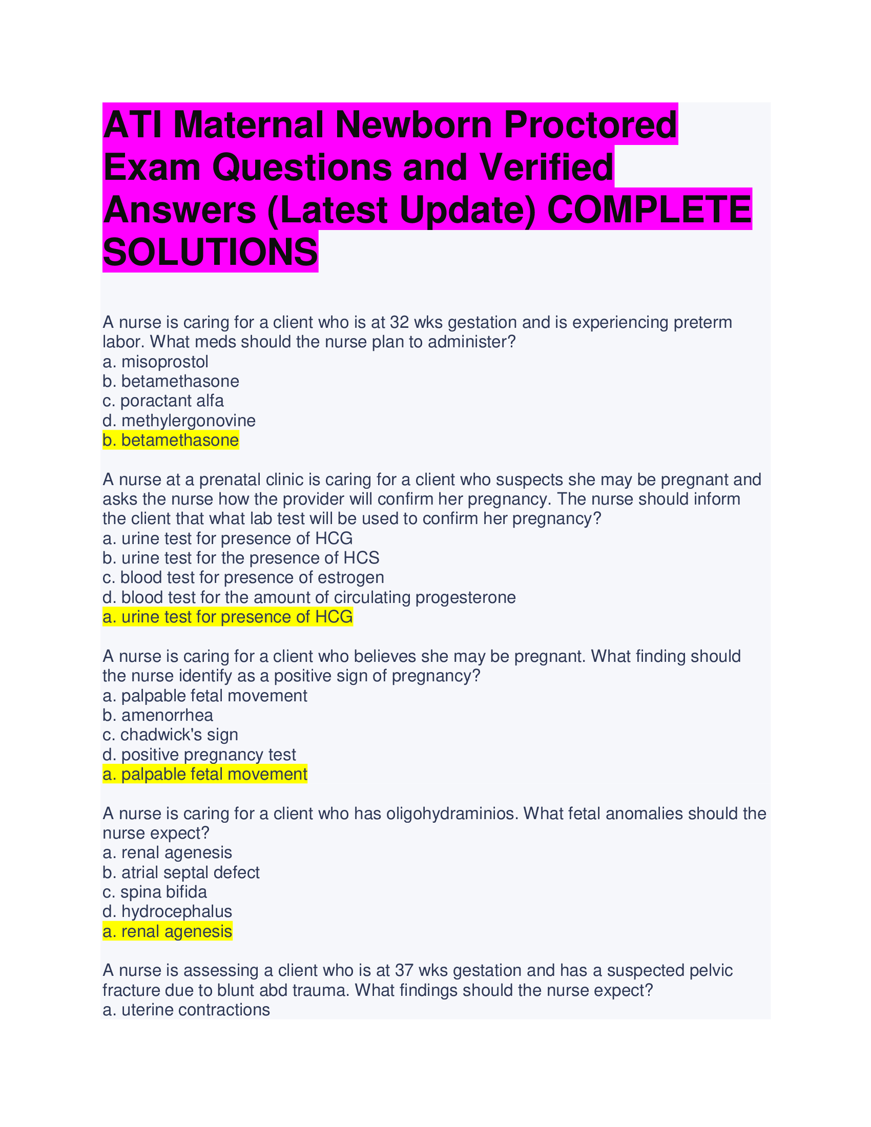 ATI Maternal Newborn Proctored  Exam Questions and Verified  Answers (Latest Update) COMPLETE  SOLUTIONS