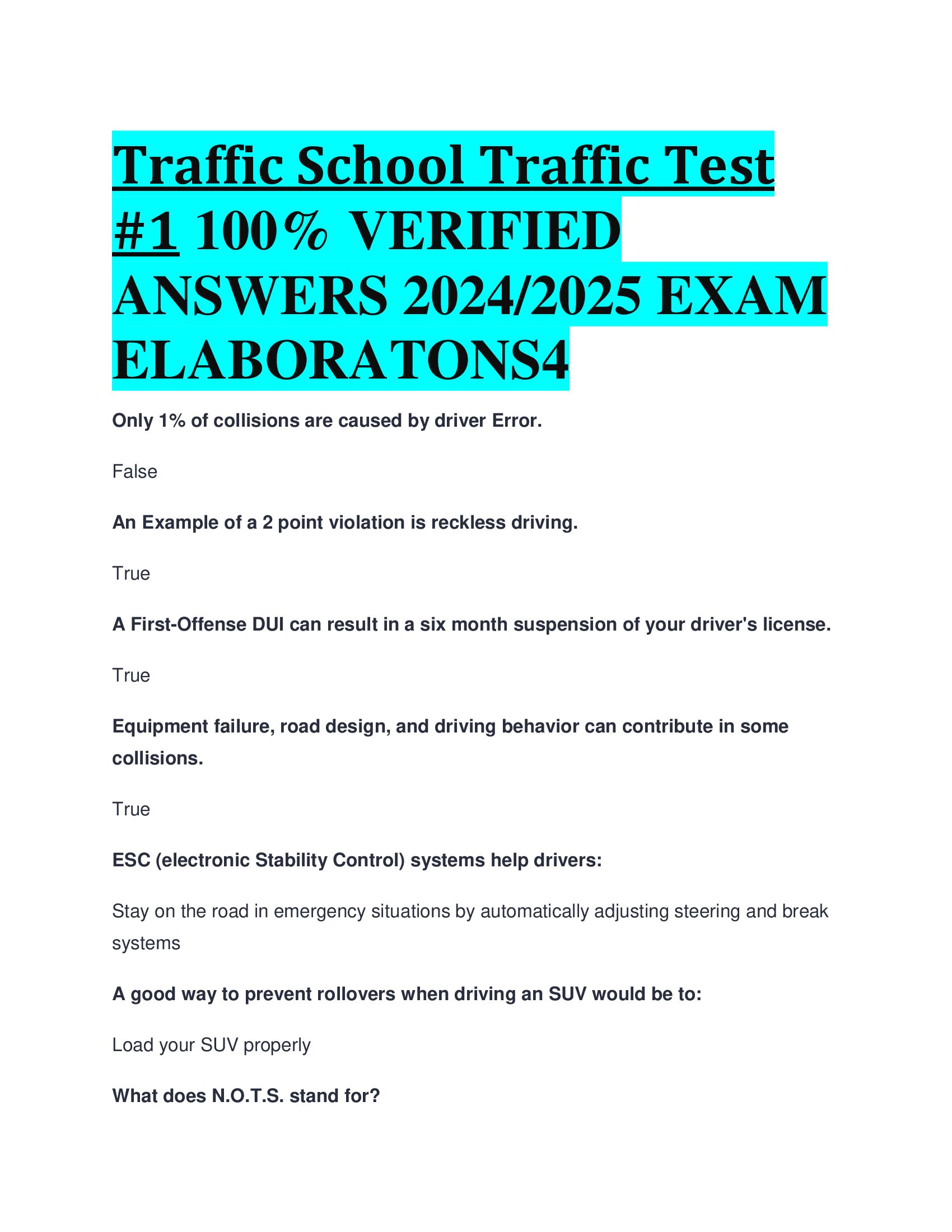 Traffic School Traffic Test 1 VERIFIED  ANSWERS 20242026 EXAM  ELABORATONS4
