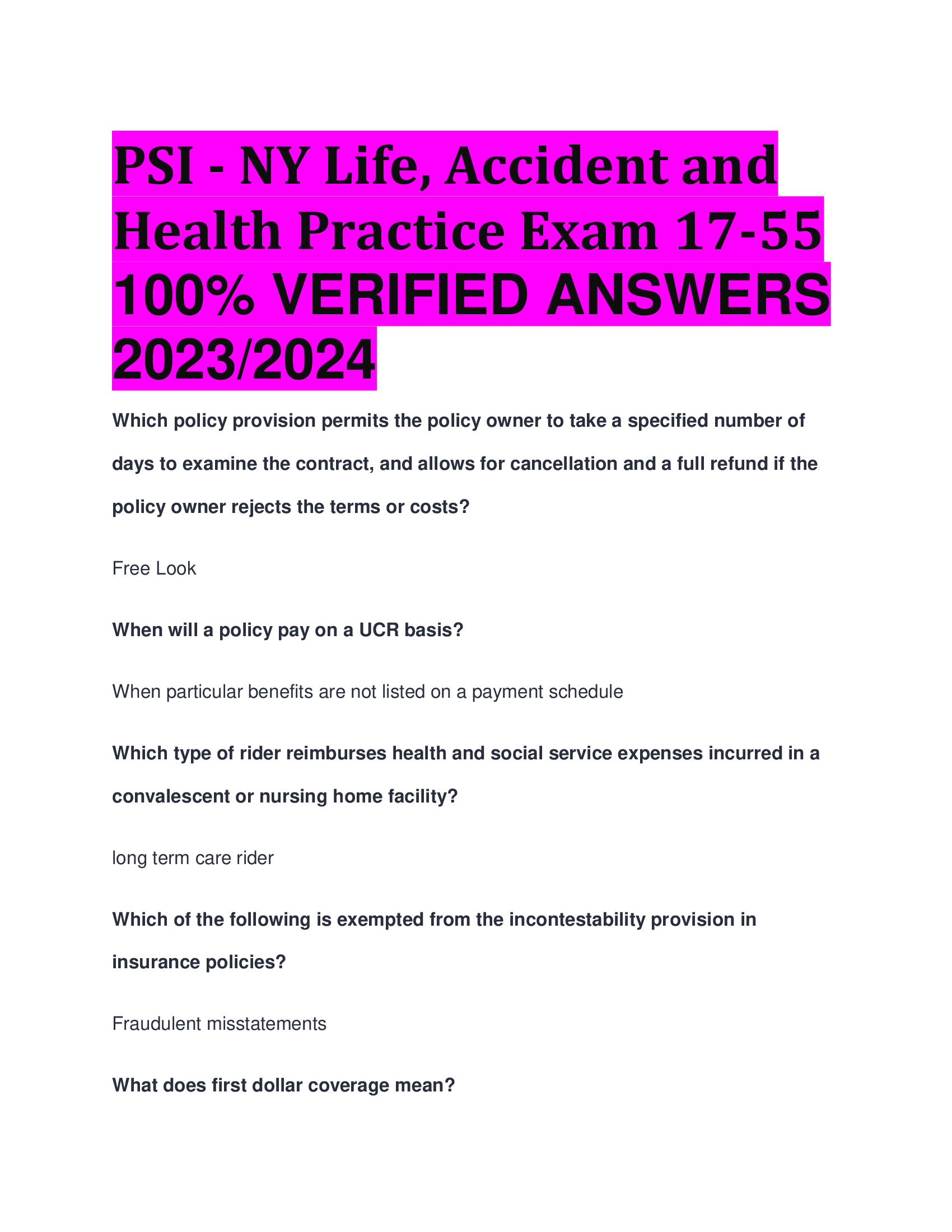 PSI - NY Life, Accident and Health Practice Exam 17-55  VERIFIED ANSWERS  2023,2024
