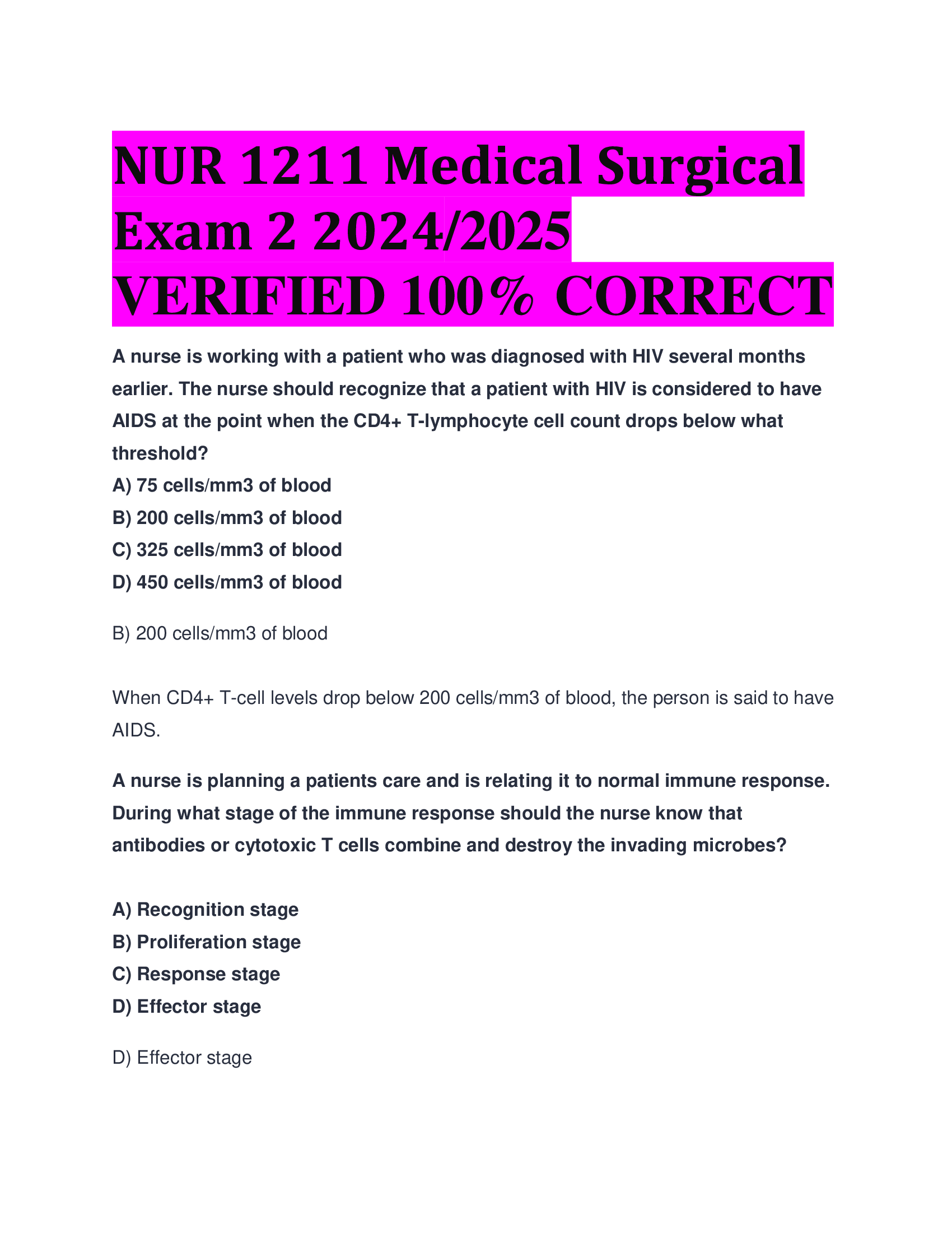 BEST ANSWERS NUR 1211 Medical Surgical Exam 2 2024, 2026  VERIFIED 100 Percent CORRECT