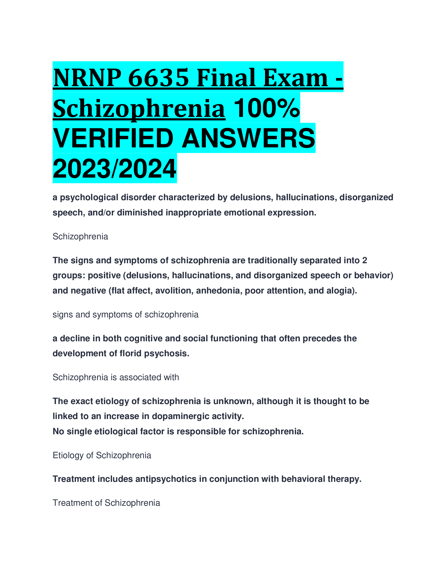 NRNP 6635 Final Exam - Schizophrenia VERIFIED ANSWERS  2023,2024