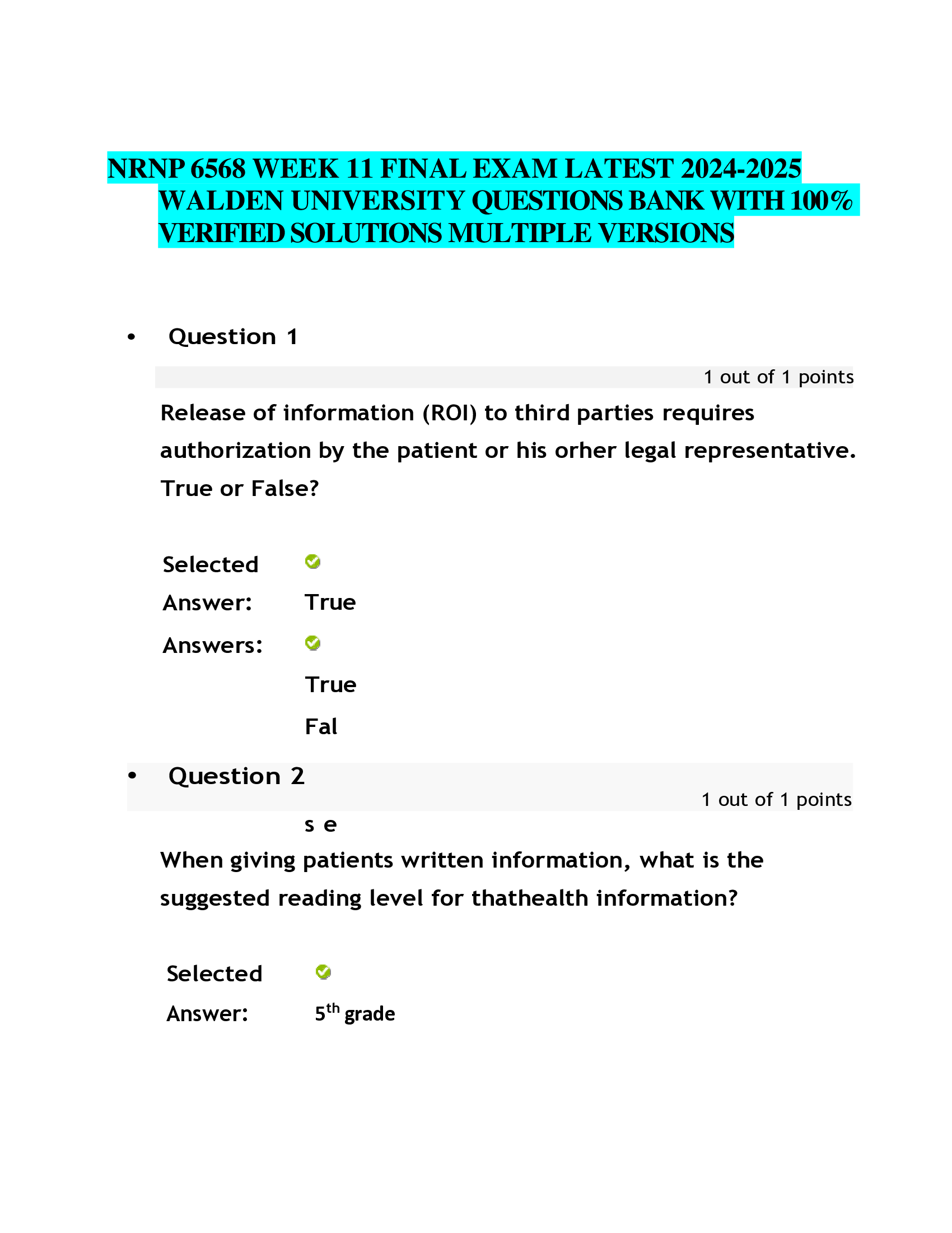 NRNP 6568 WEEK 11 FINAL EXAM LATEST 2024-2026 WALDEN UNIVERSITY QUESTIONS BANK WITH  VERIFIED SOLUTIONS MULTIPLE VERSIONS