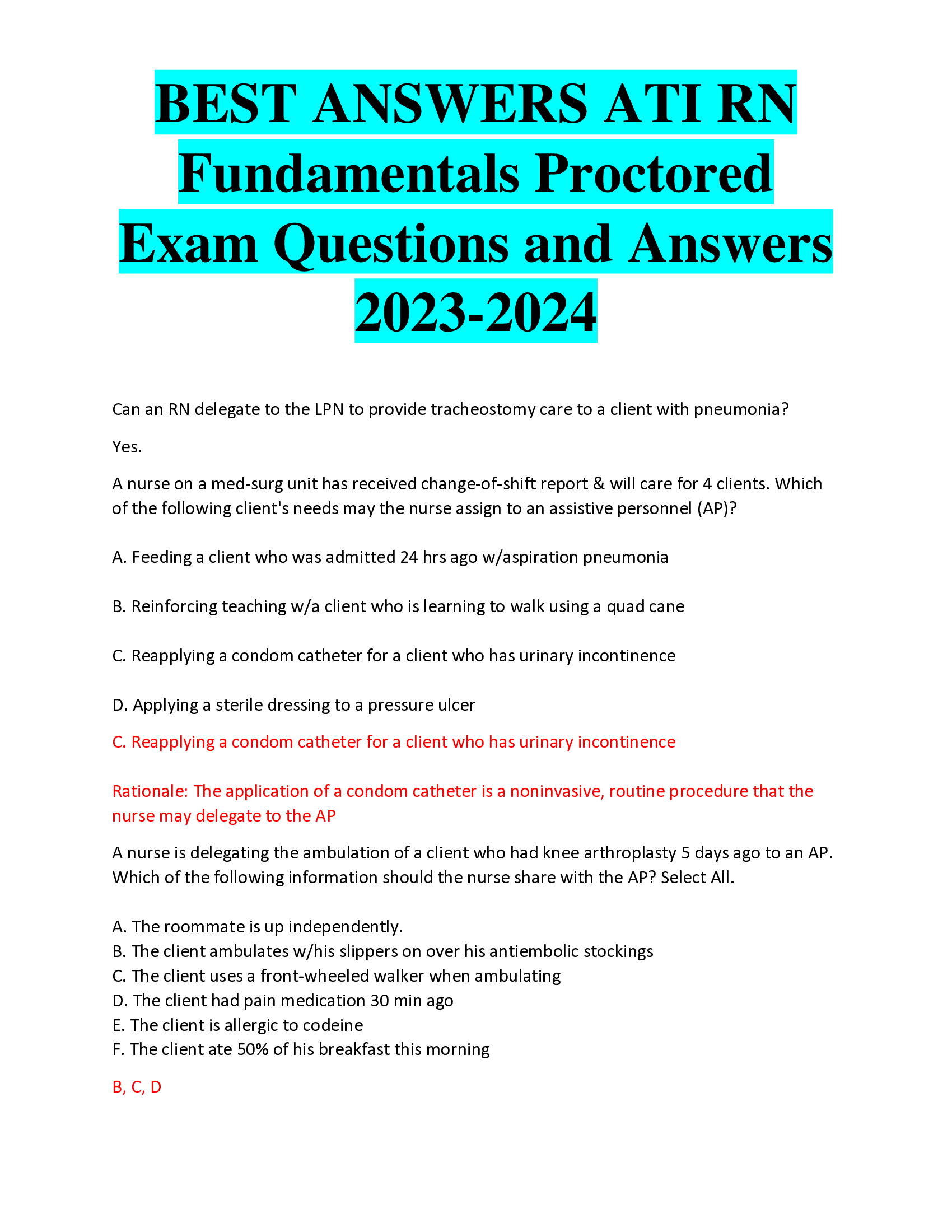 BEST ANSWERS ATI RN  Fundamentals Proctored  Exam Questions and Answers  2023-2024