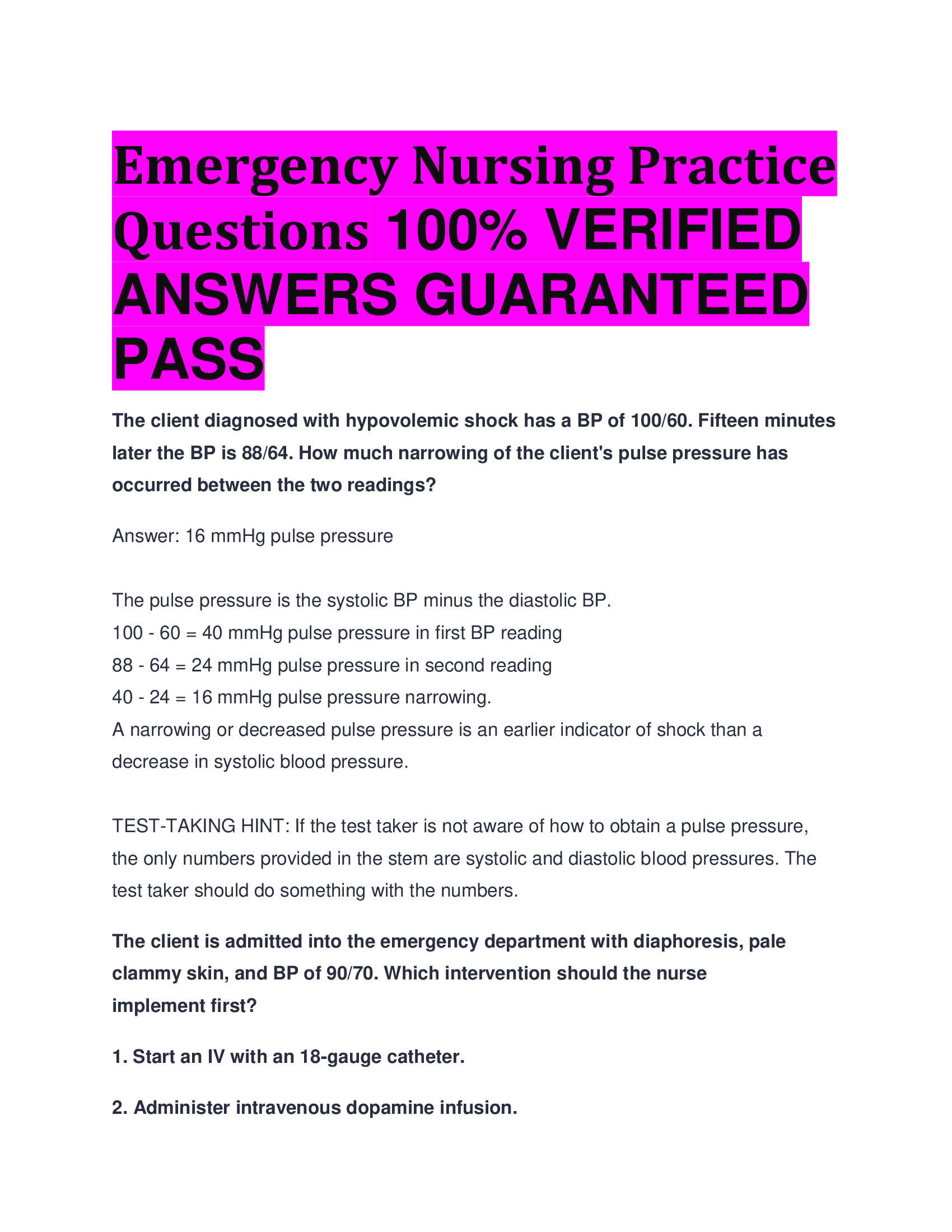 Emergency Nursing Practice Questions  VERIFIED  ANSWERS GUARANTEED  PASS