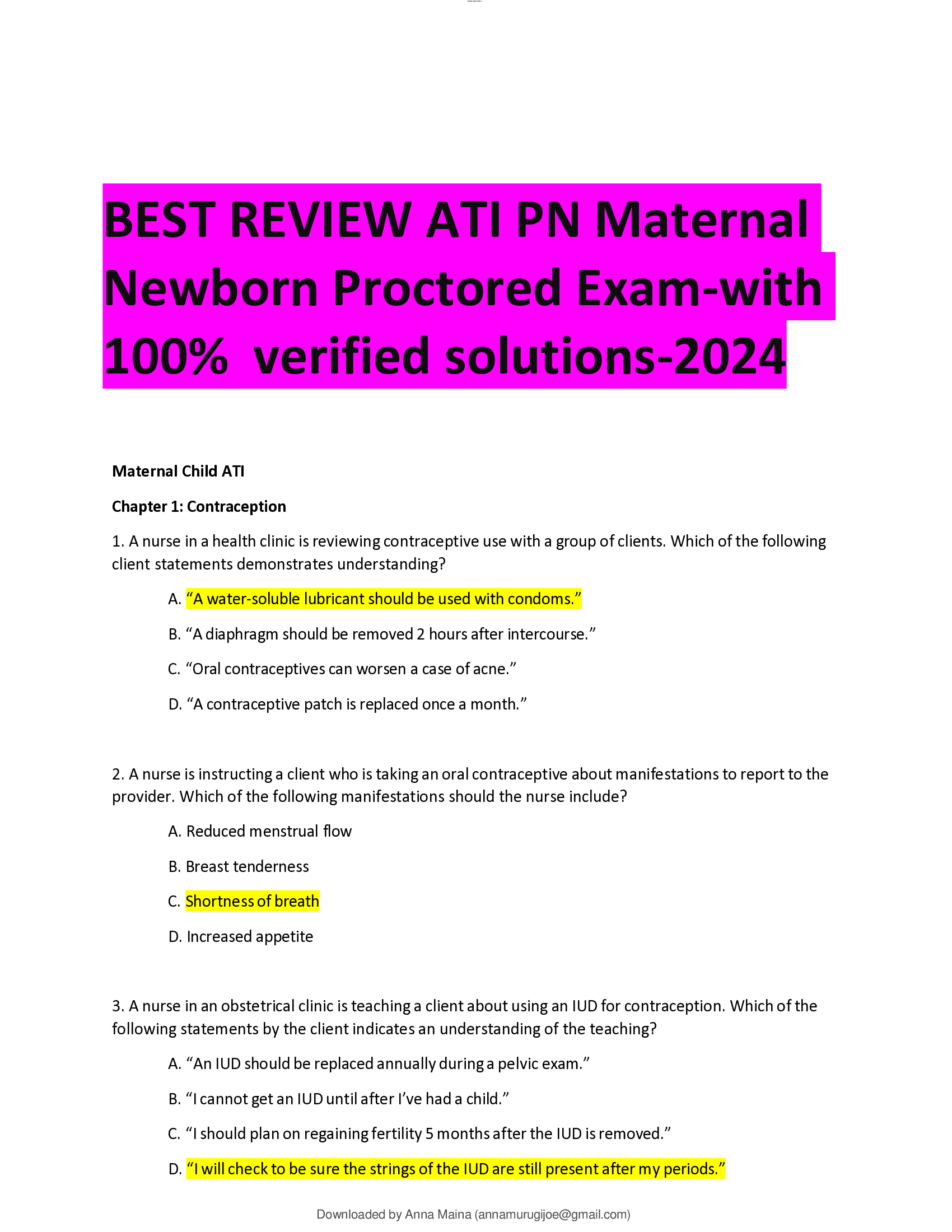 BEST ANSWERS BEST REVIEW ATI PN Maternal Newborn Proctored Exam-with 100 Percent verified solutions-2024