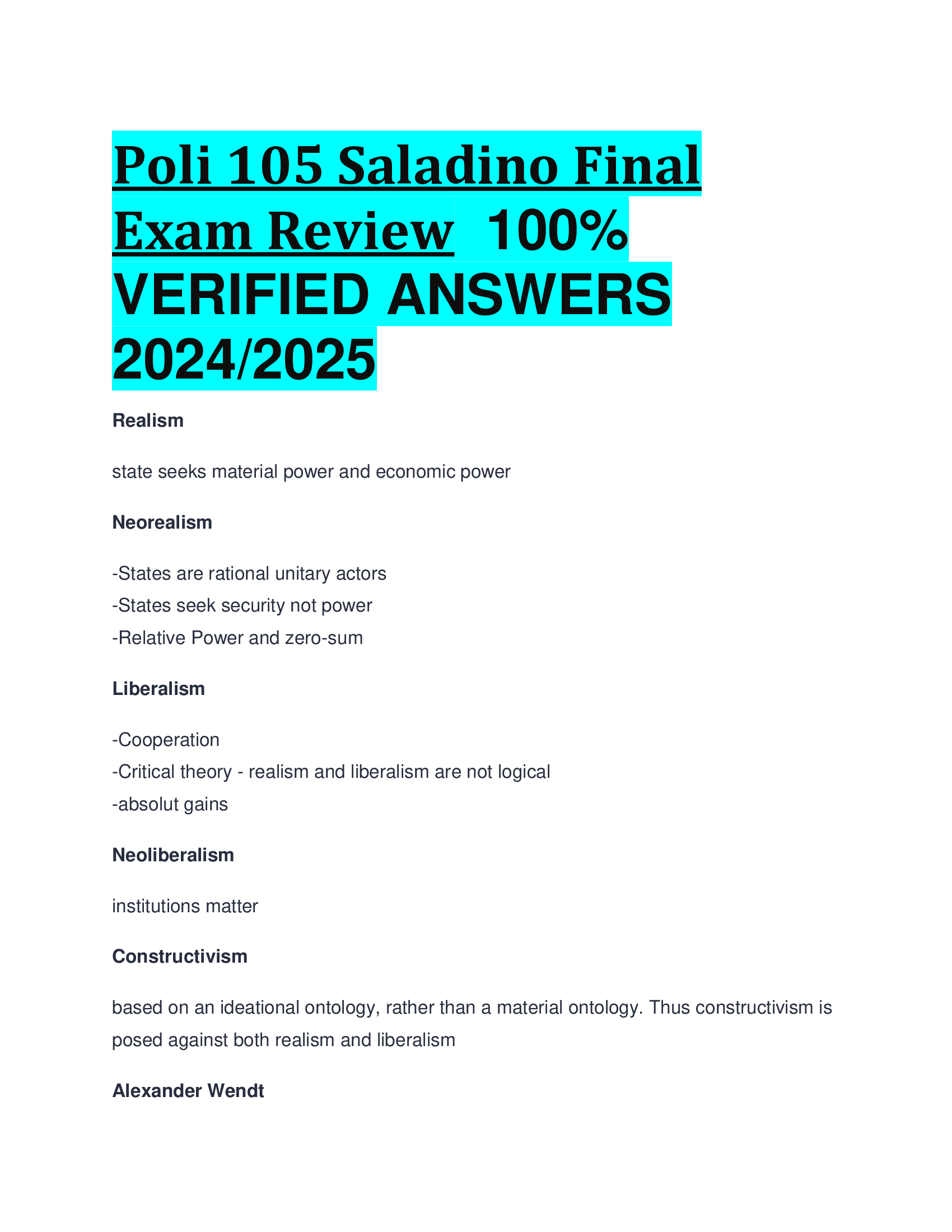 Poli 105 Saladino Final Exam Review  VERIFIED ANSWERS  20242026