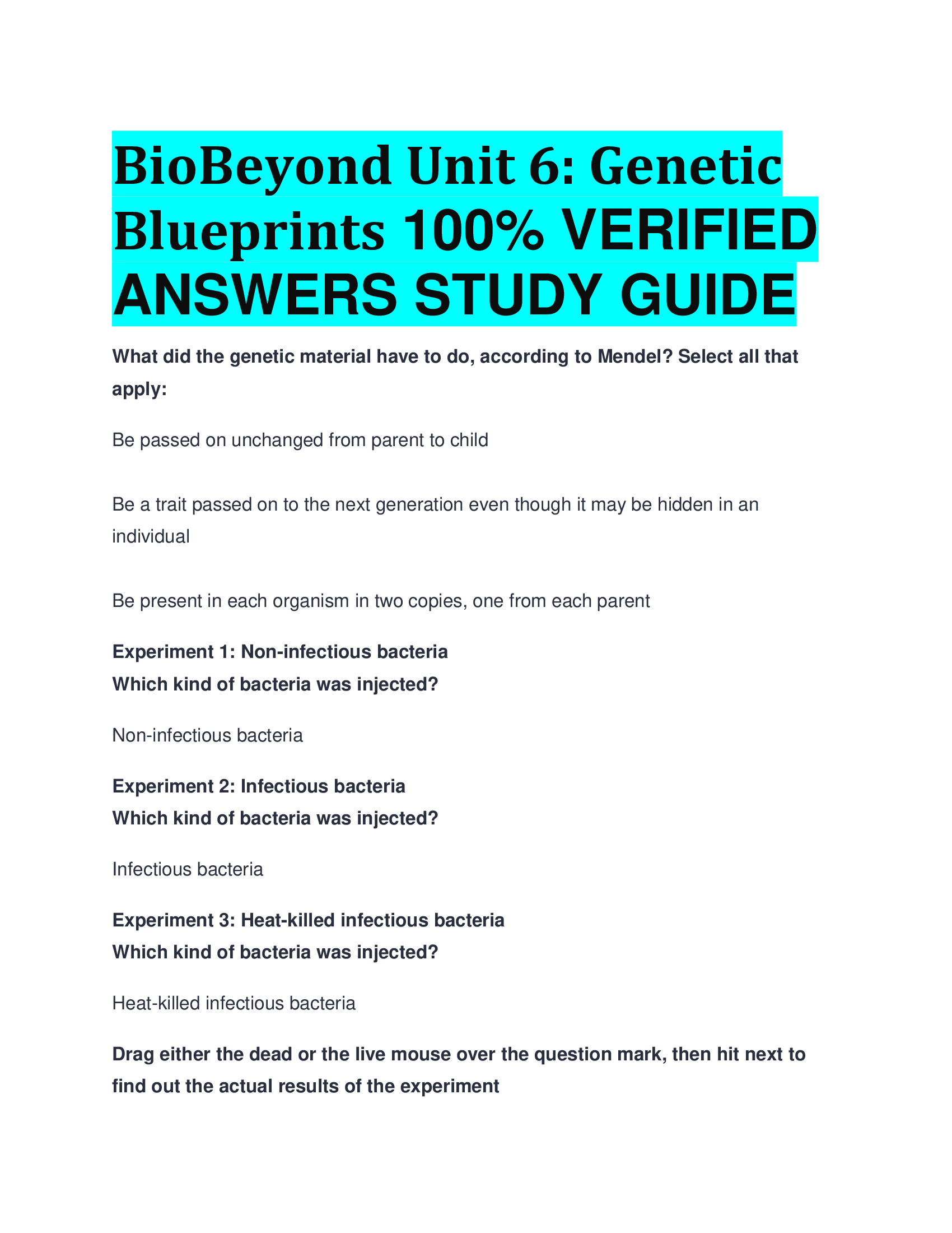BioBeyond Unit 6: Genetic Blueprints VERIFIED  ANSWERS STUDY GUIDE