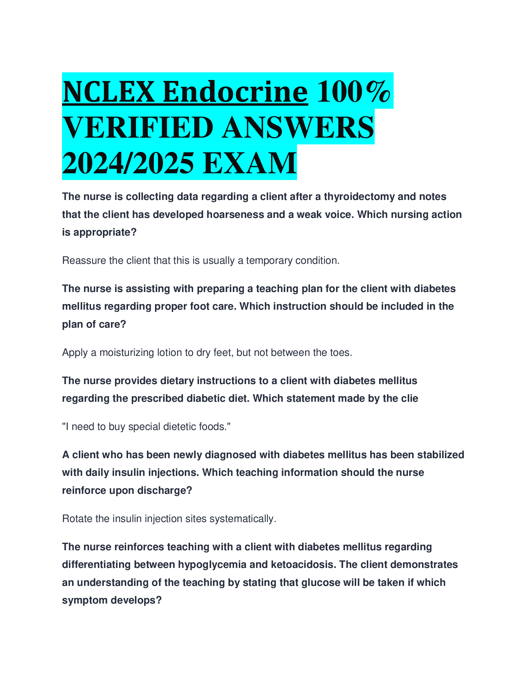 NCLEX Endocrine VERIFIED ANSWERS  20242026 EXAM