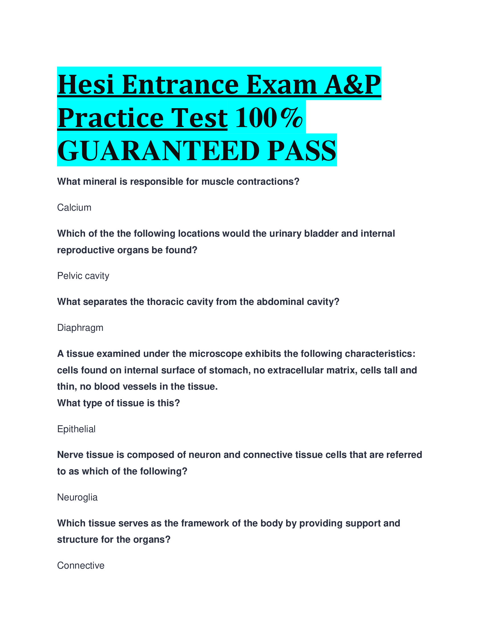 Hesi Entrance Exam A&P Practice Test GUARANTEED PASS